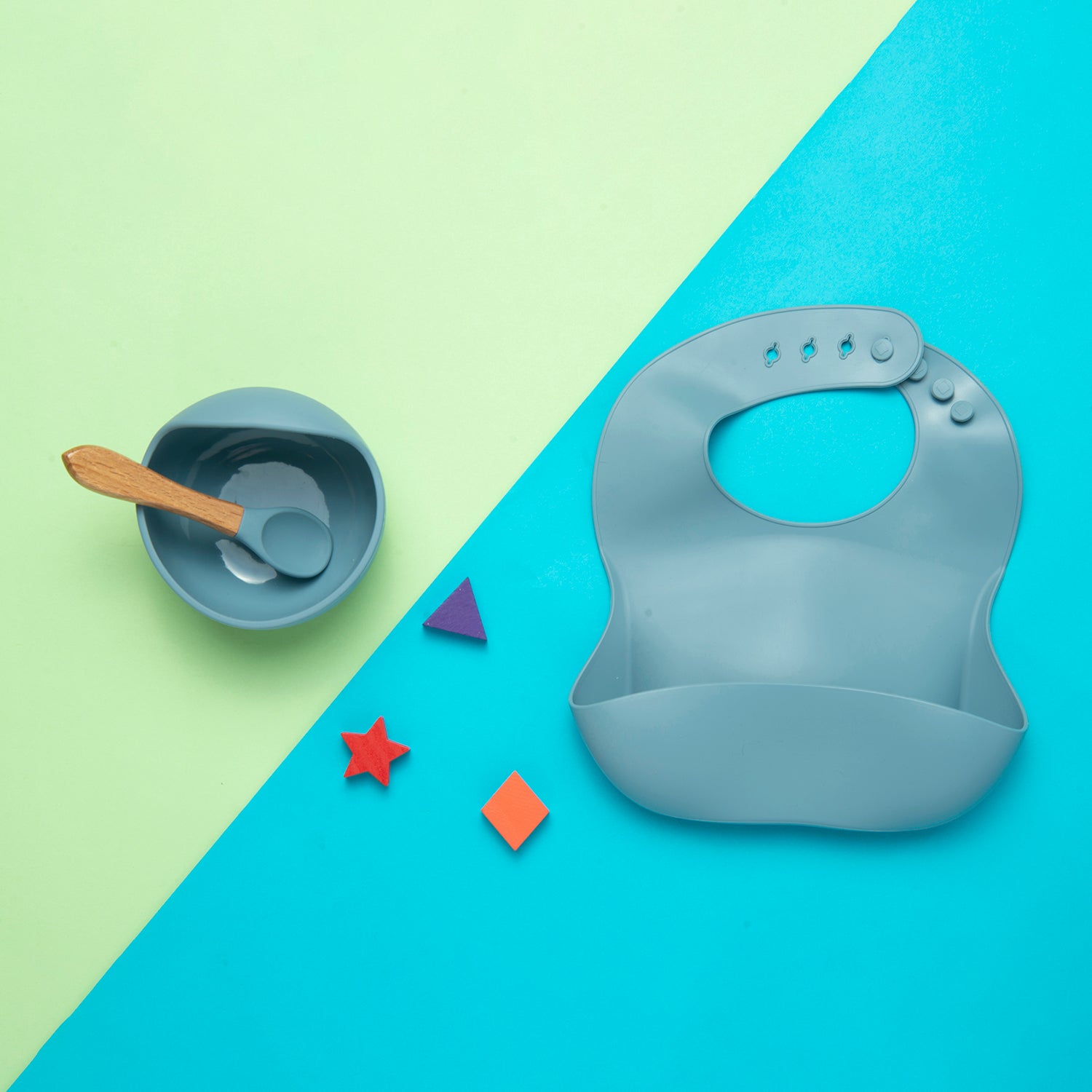 Bluish Grey Waterproof Silicon Bib And Bowl Set - Baby Moo