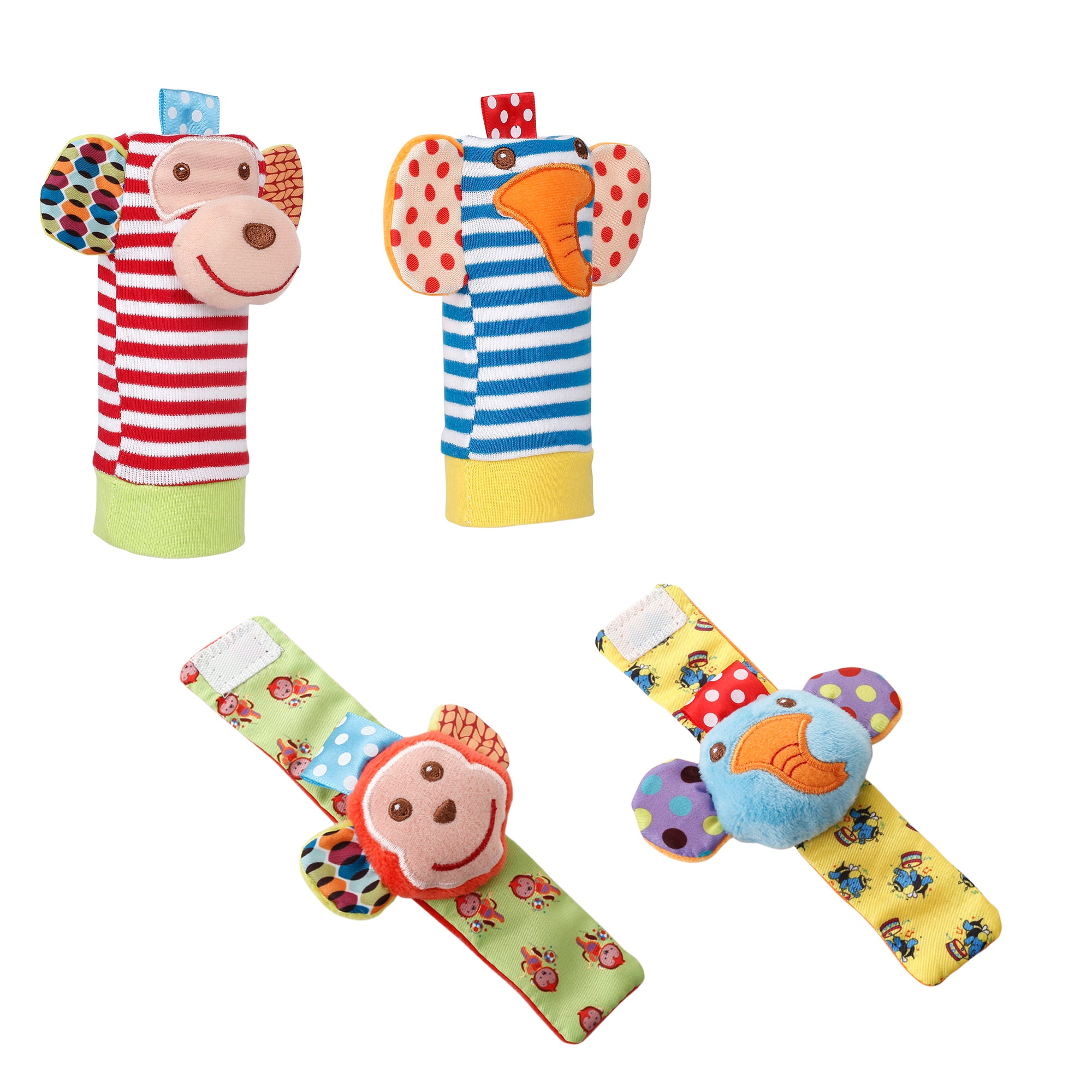 Elephant And Monkey Multicolour Set of 4 Socks And Wrist Rattle - Baby Moo