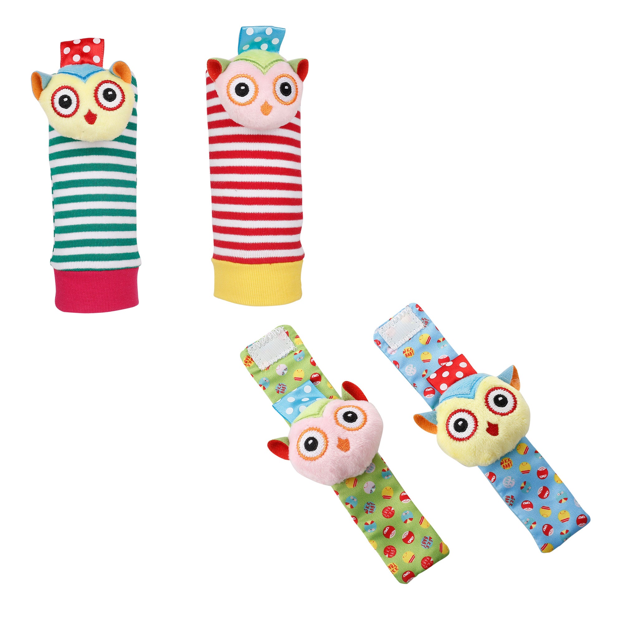 Owls In Love Multicolour Set of 4 Socks And Wrist Rattle