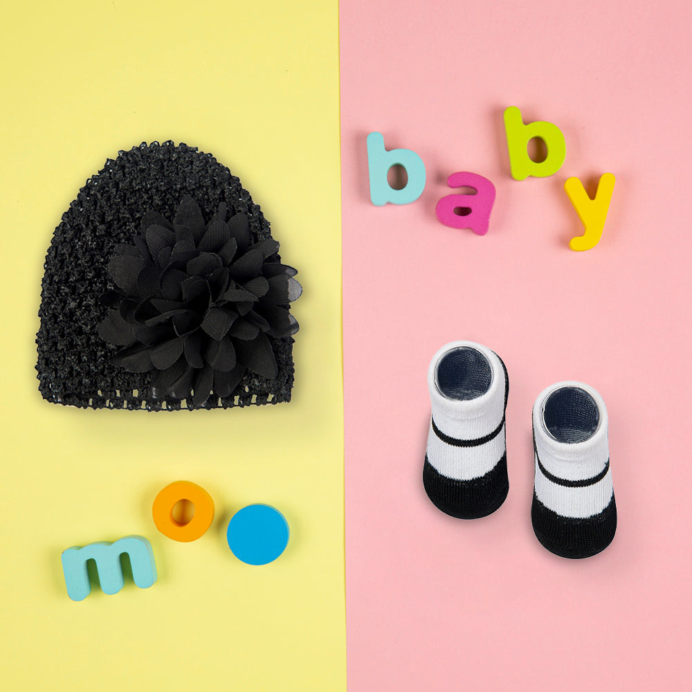 Floral Black Socks And Cap Set - Baby Moo