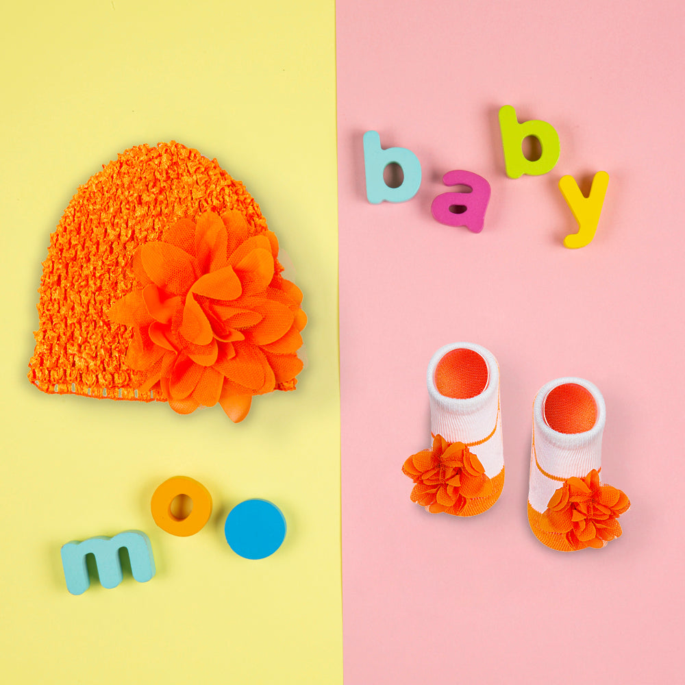 Floral Orange Socks And Cap Set - Baby Moo