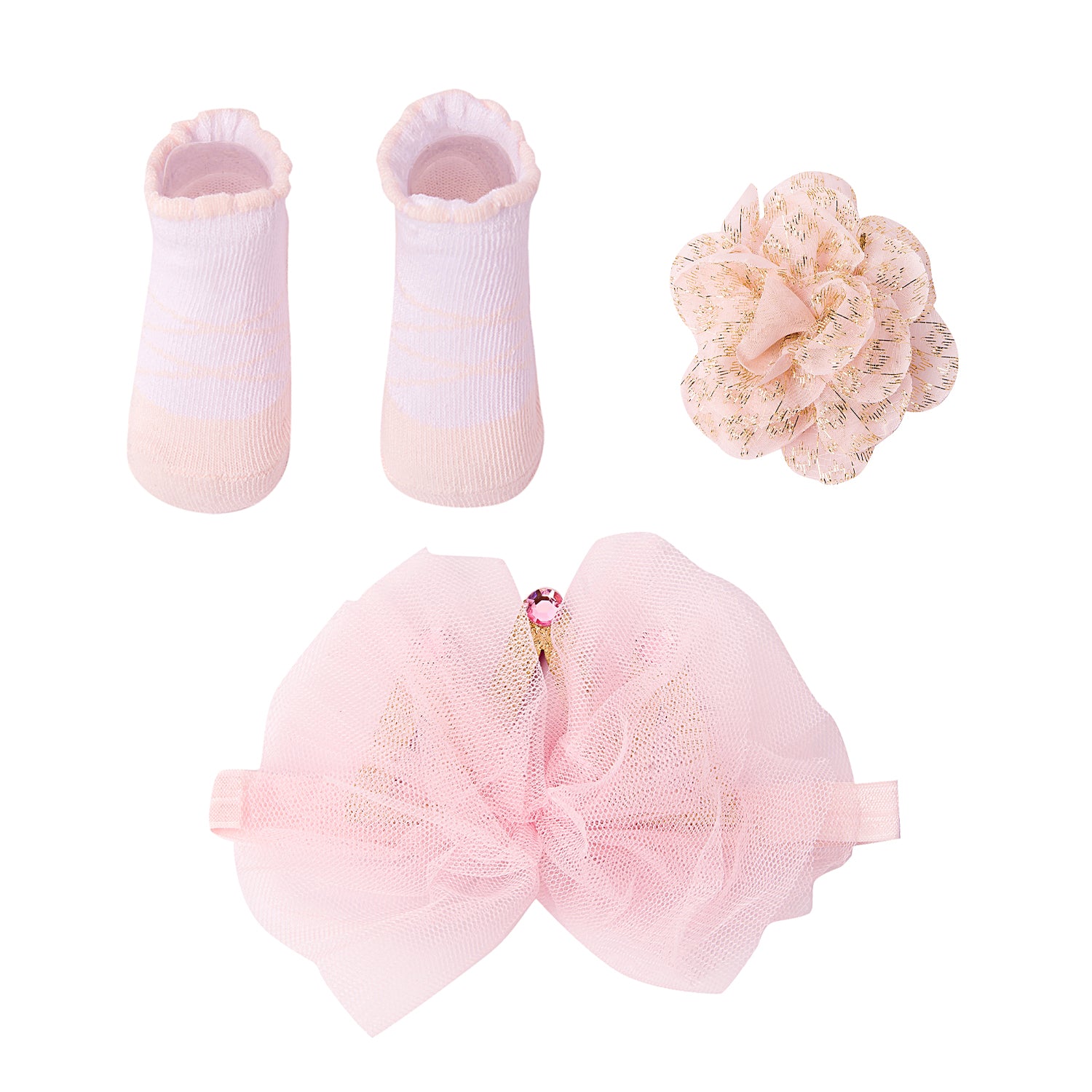 Dressy Floral Pink, Gold 3 Pcs Hairband And Socks Set
