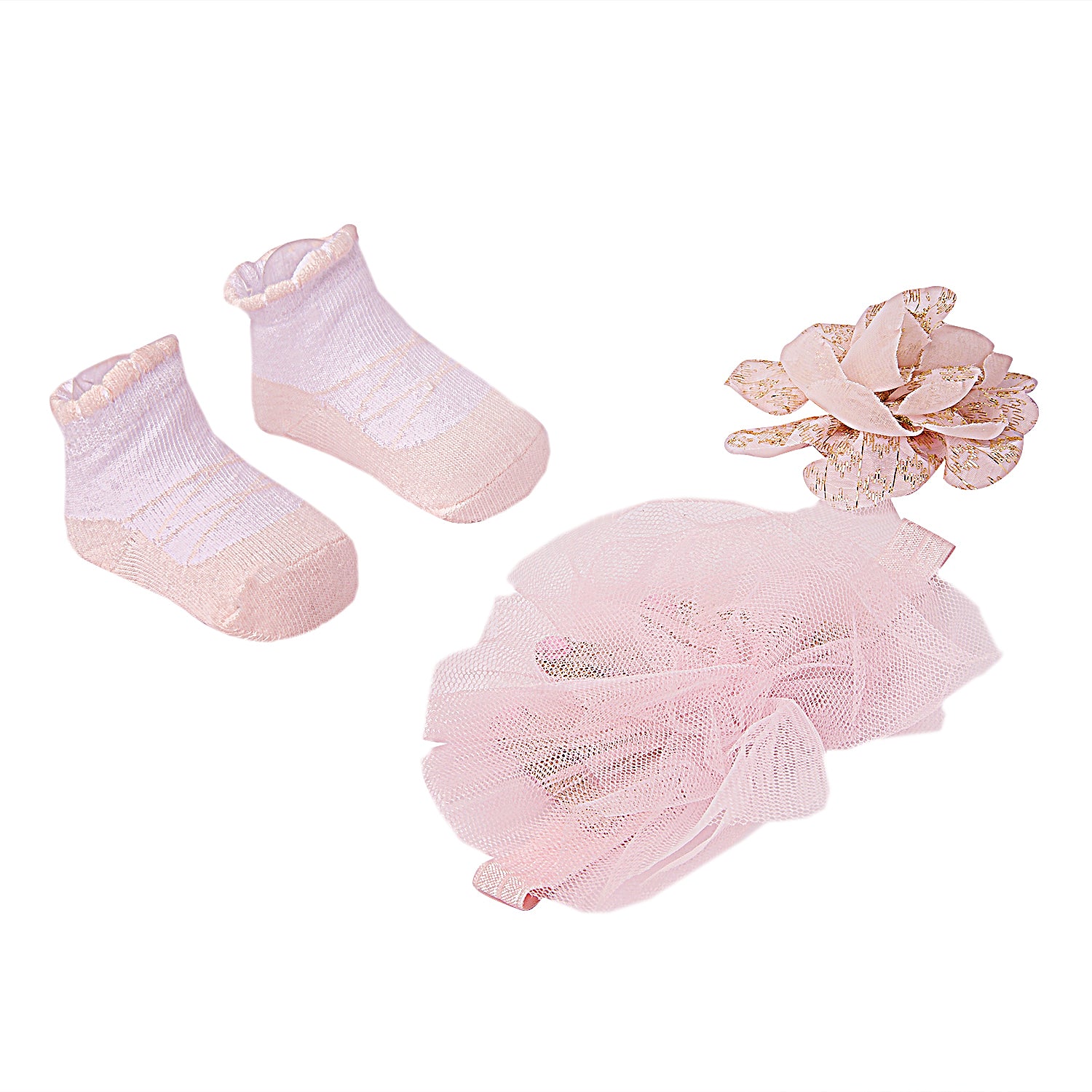 Dressy Floral Pink, Gold 3 Pcs Hairband And Socks Set