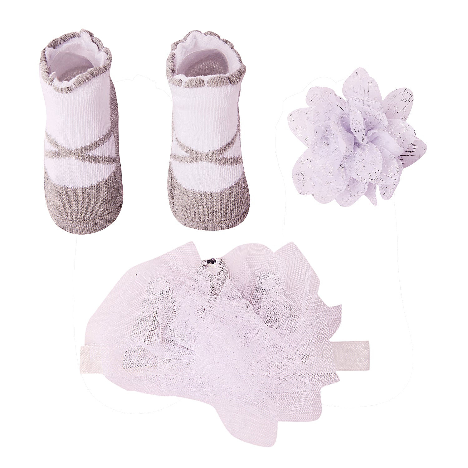 Dressy Floral Grey 3 Pcs Hairband And Socks Set - Baby Moo