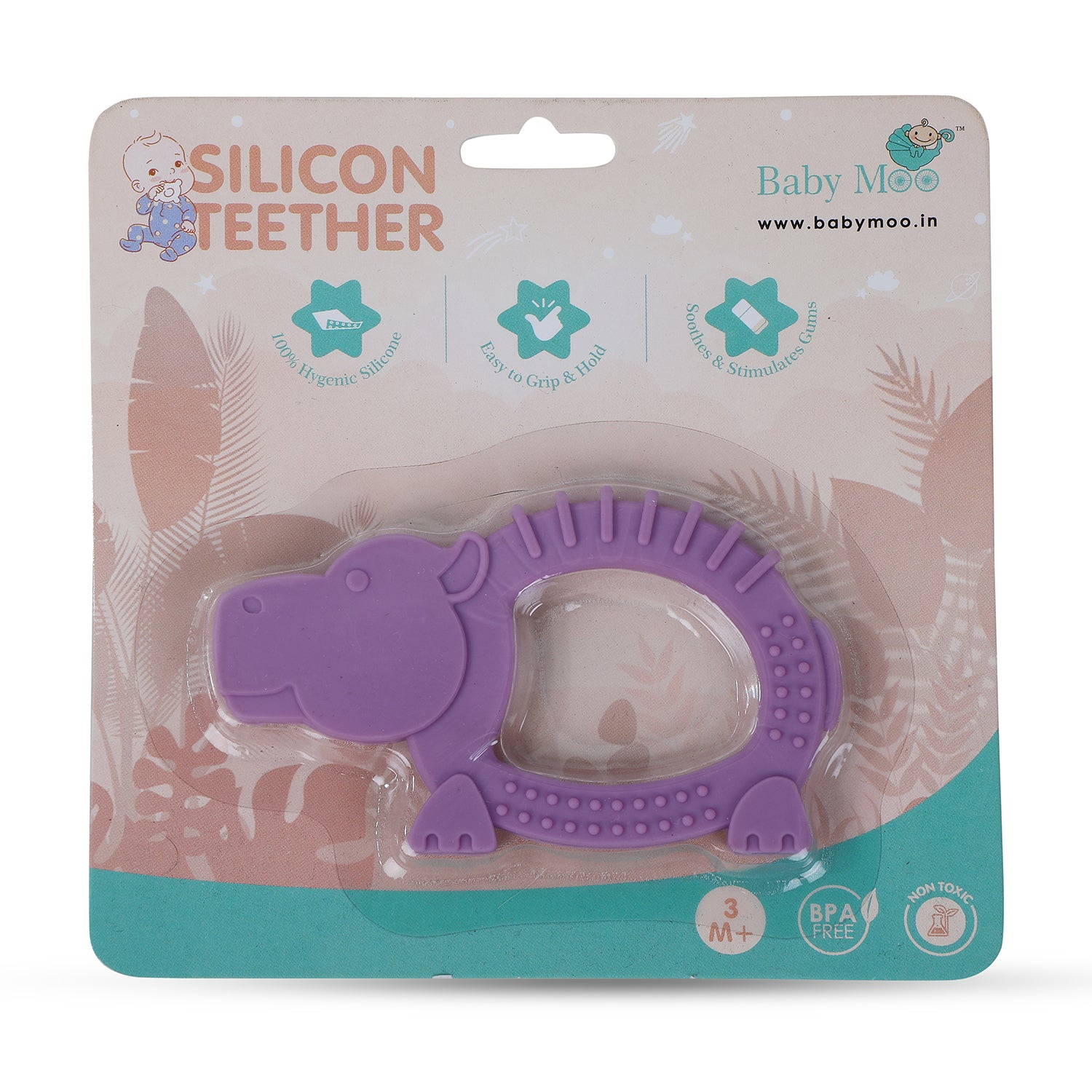 Baby Moo Soothing Silicon Teether BPA And Toxin Free Pack of 2 - Elephant Blue And Hippo Purple - Baby Moo