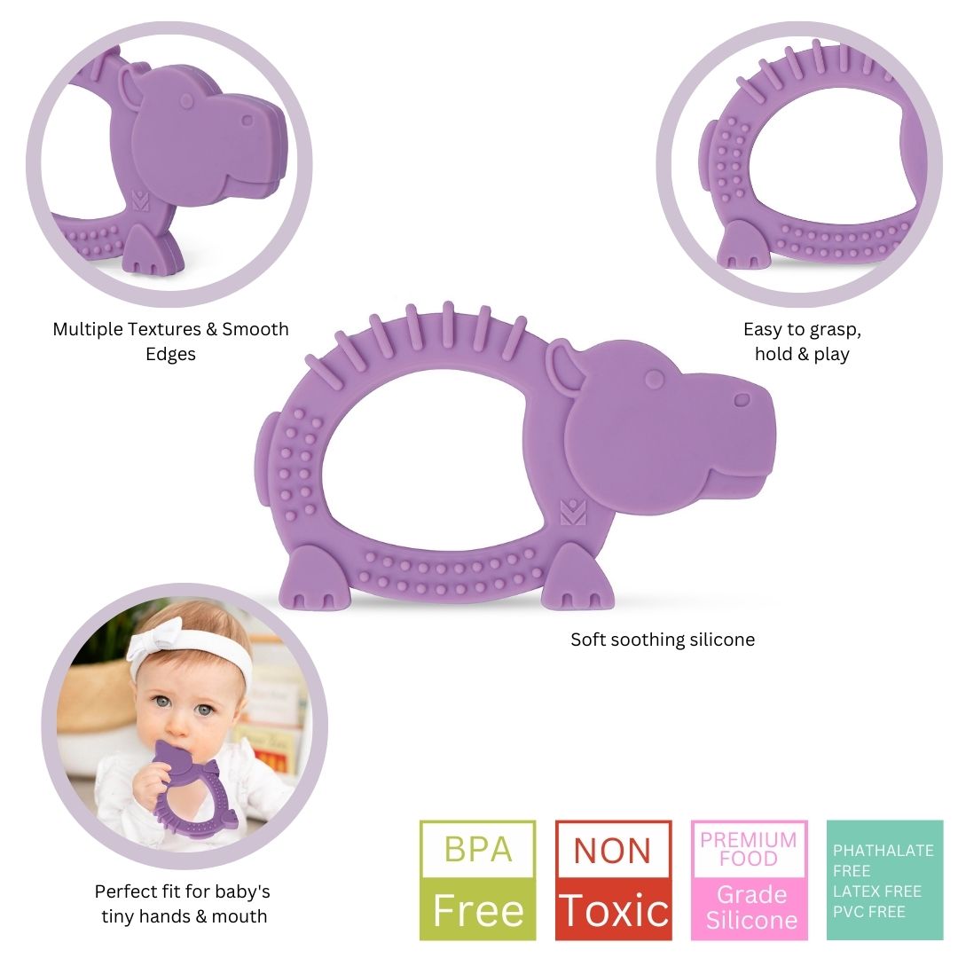 Baby Moo Soothing Silicon Teether BPA And Toxin Free Pack of 2 - Elephant Blue And Hippo Purple - Baby Moo