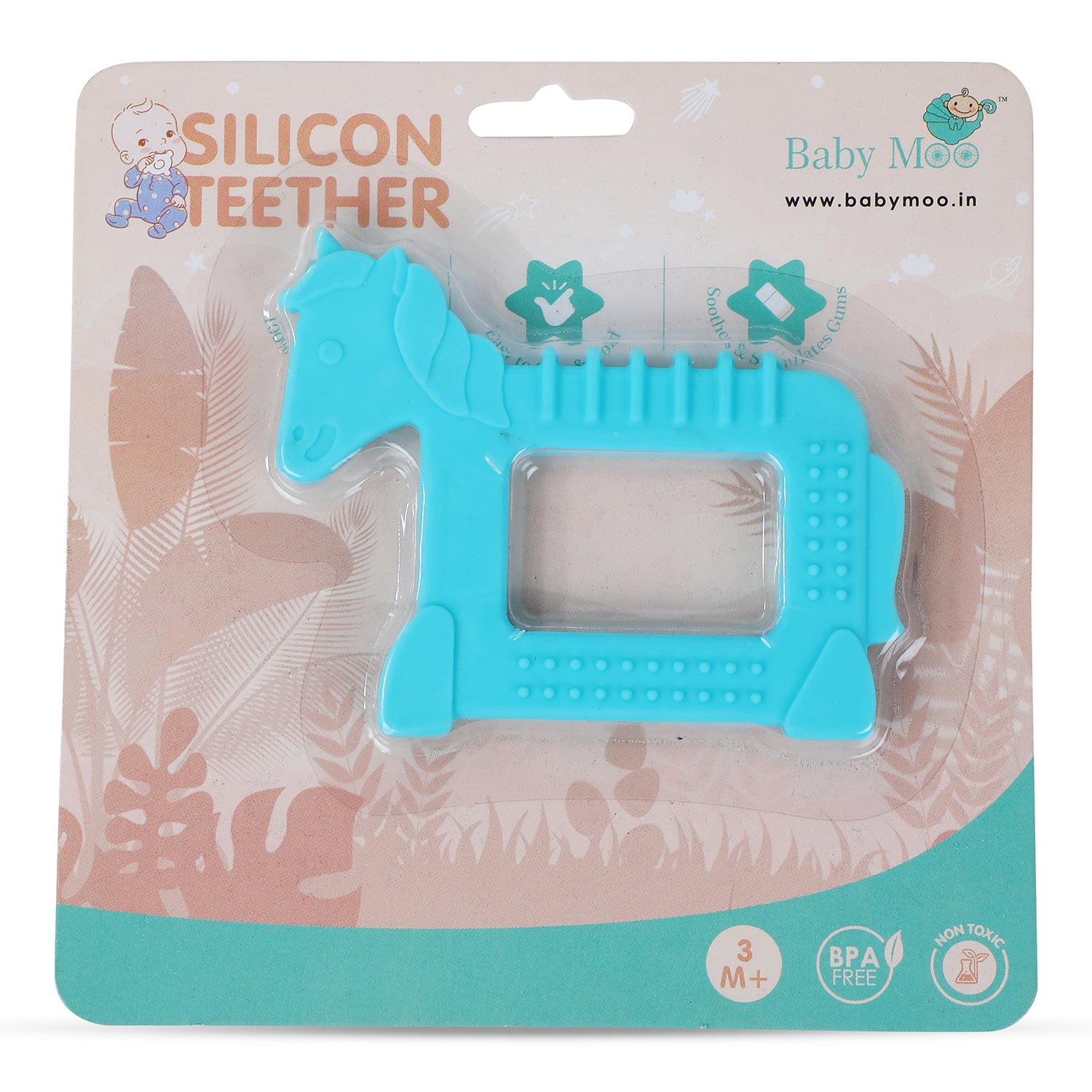 Baby Moo Soothing Silicon Teether BPA And Toxin Free Pack of 2 - Unicorn Blue And Hippo Pink - Baby Moo