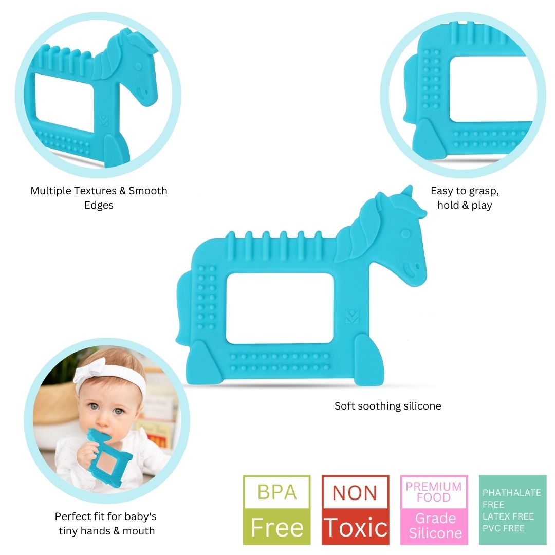 Baby Moo Soothing Silicon Teether BPA And Toxin Free Pack of 2 - Unicorn Blue And Hippo Pink - Baby Moo
