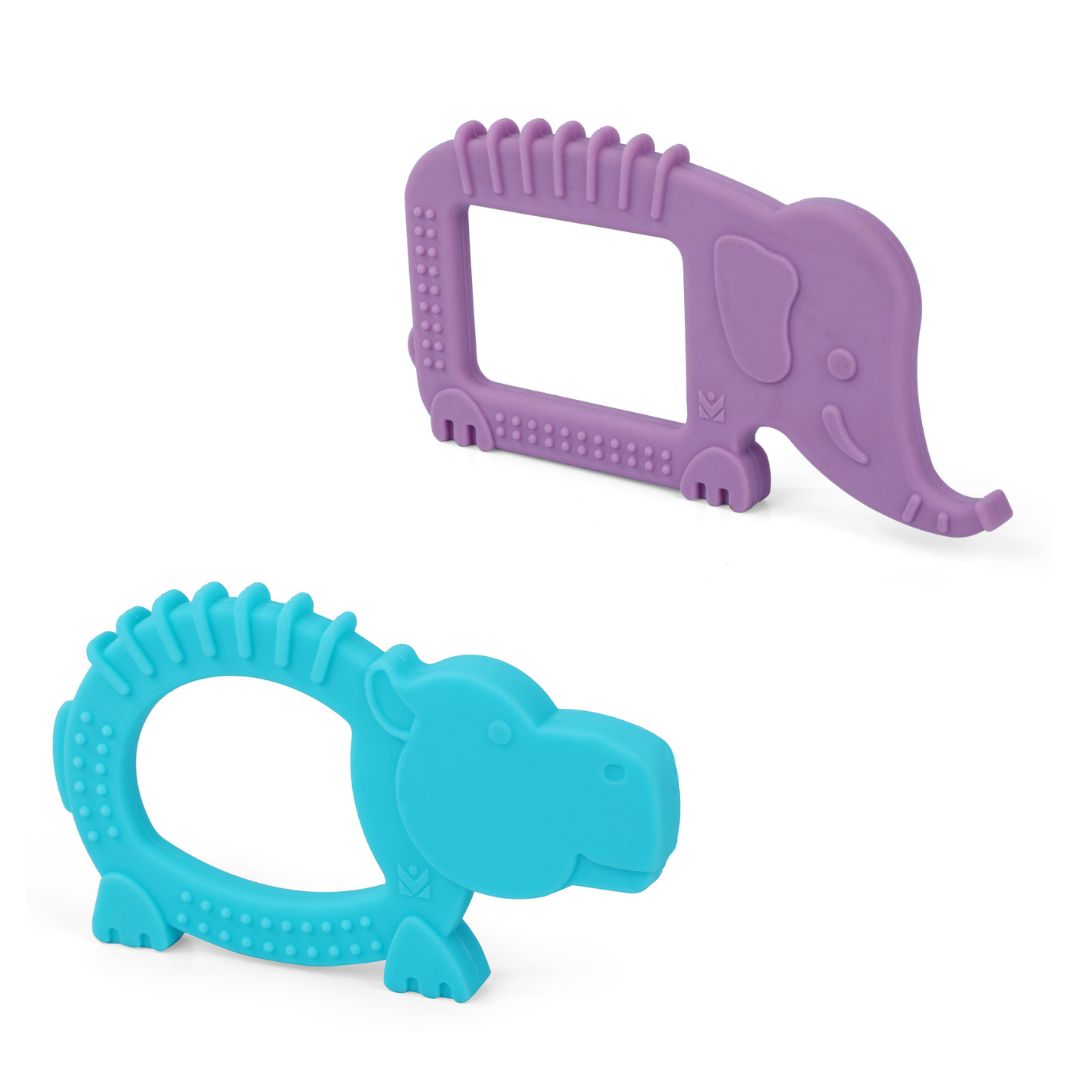 Baby Moo Soothing Silicon Teether BPA And Toxin Free Pack of 2 - Elephant Purple And Hippo Blue