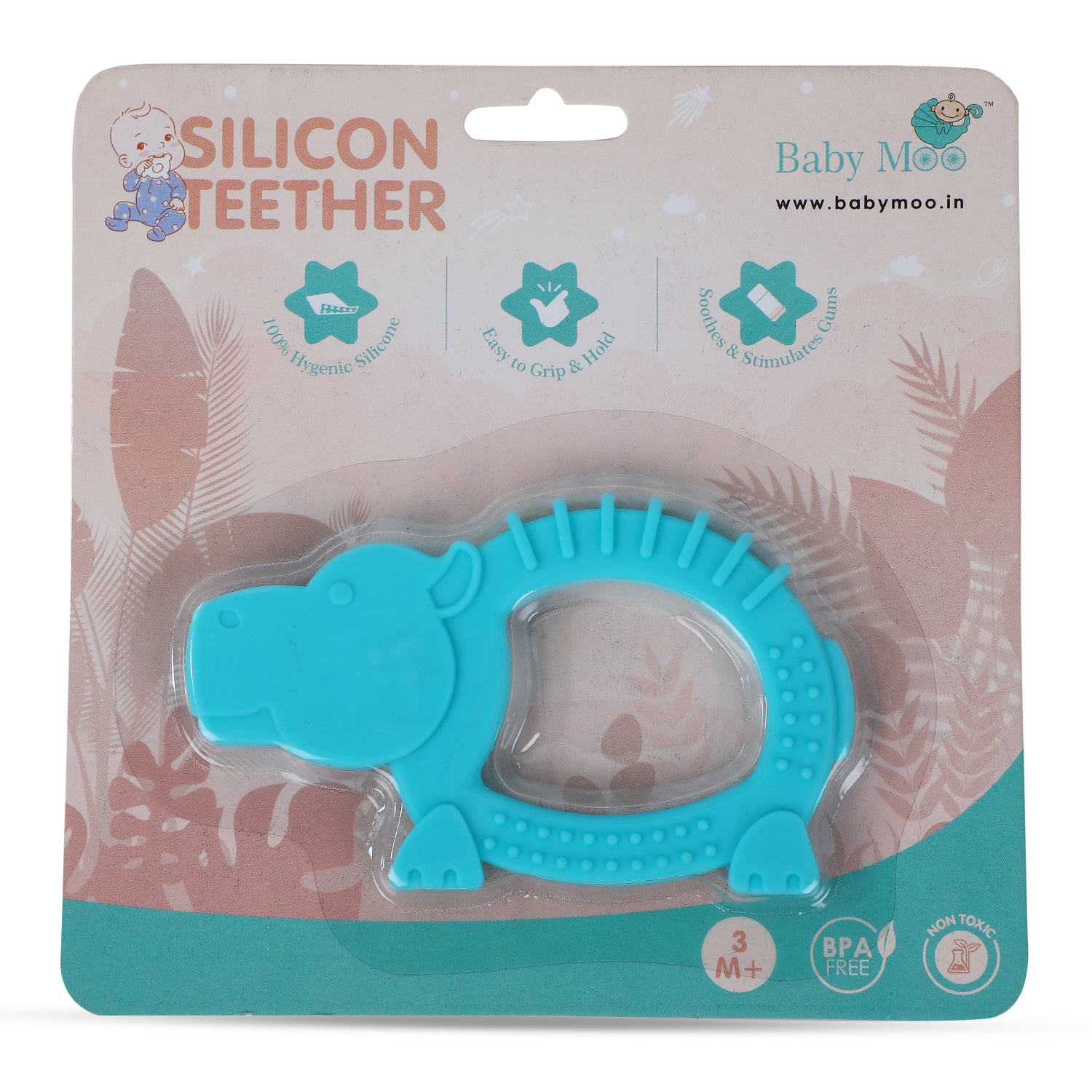 Baby Moo Soothing Silicon Teether BPA And Toxin Free Pack of 2 - Elephant Purple And Hippo Blue - Baby Moo