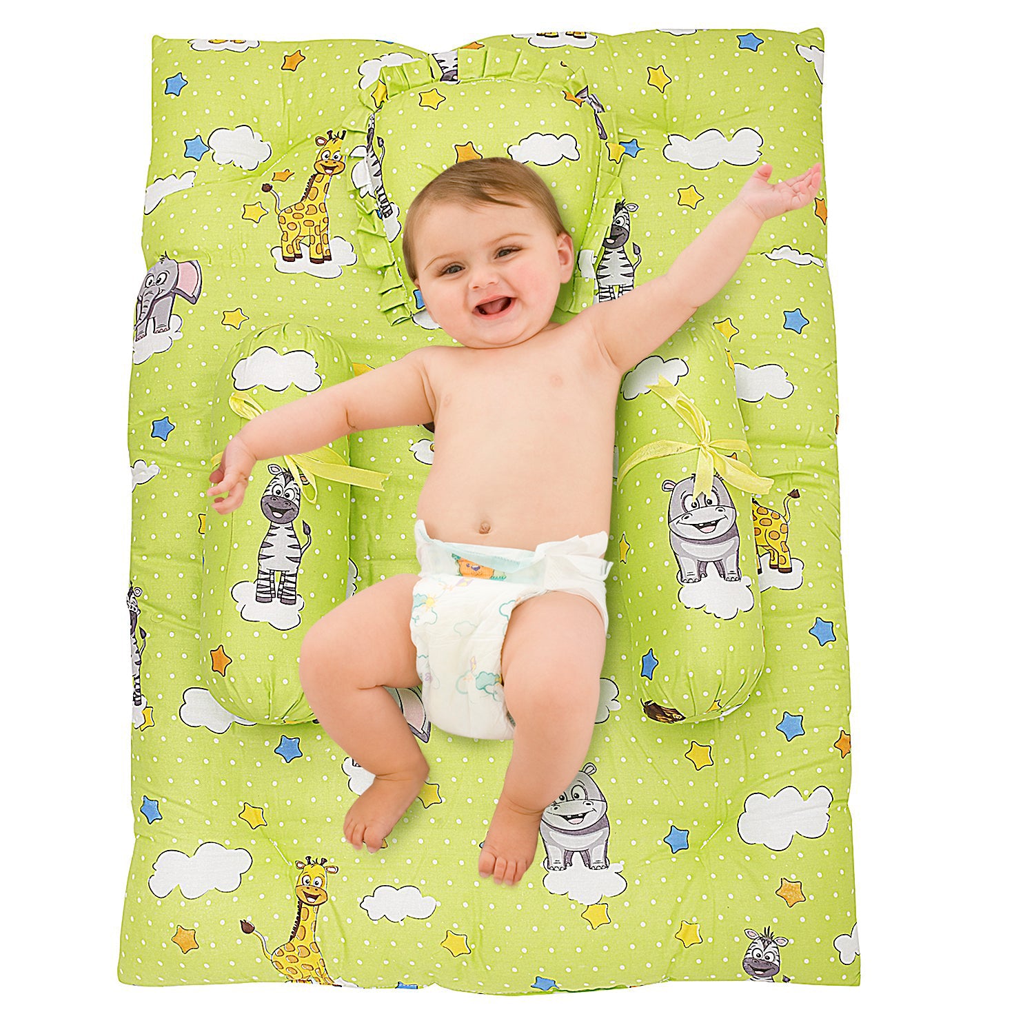Mattress Set With Neck Pillow and Bolsters Fun In The Jungle Green