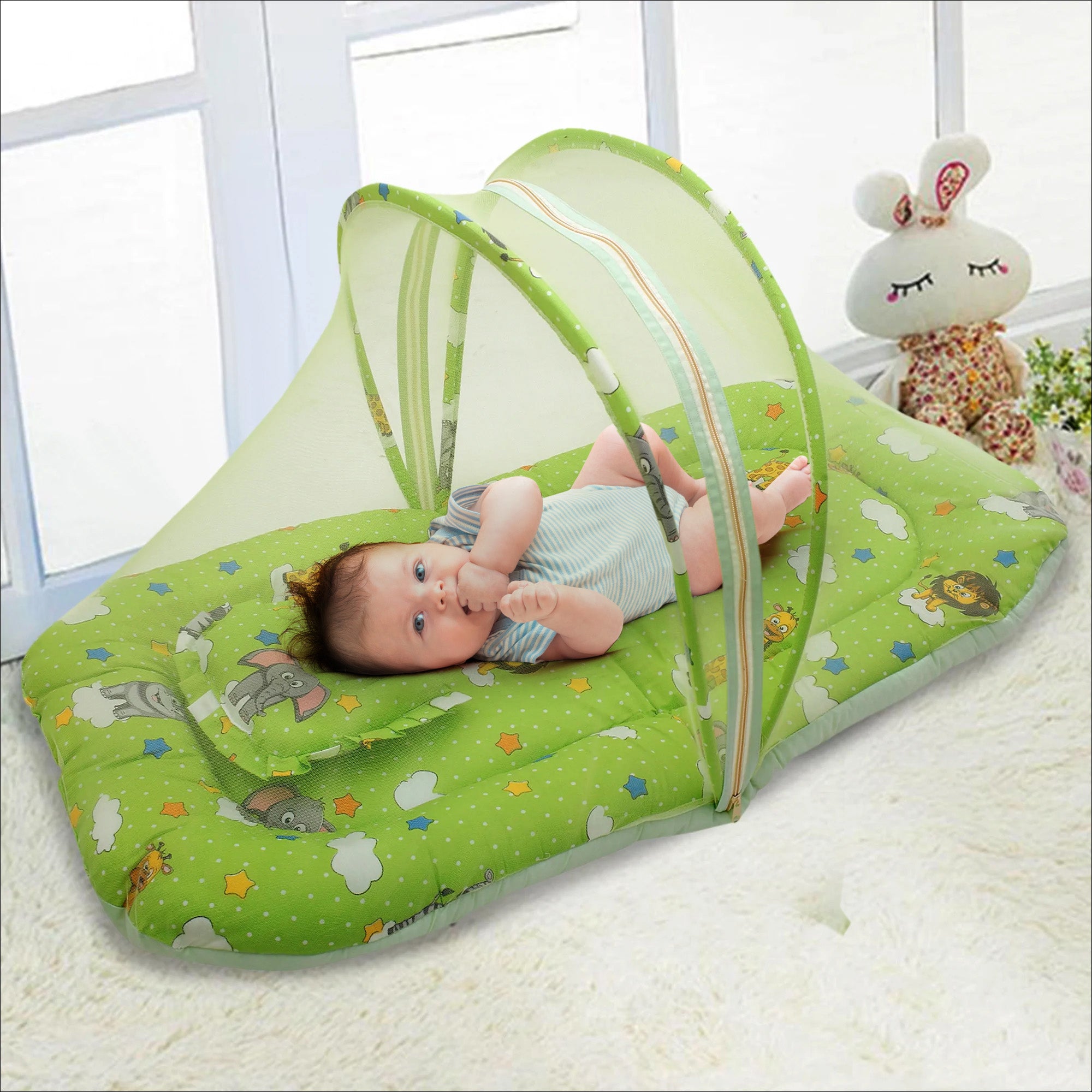 Mosquito Net Tent Mattress Set With Neck Pillow Fun In The Jungle Green - Baby Moo