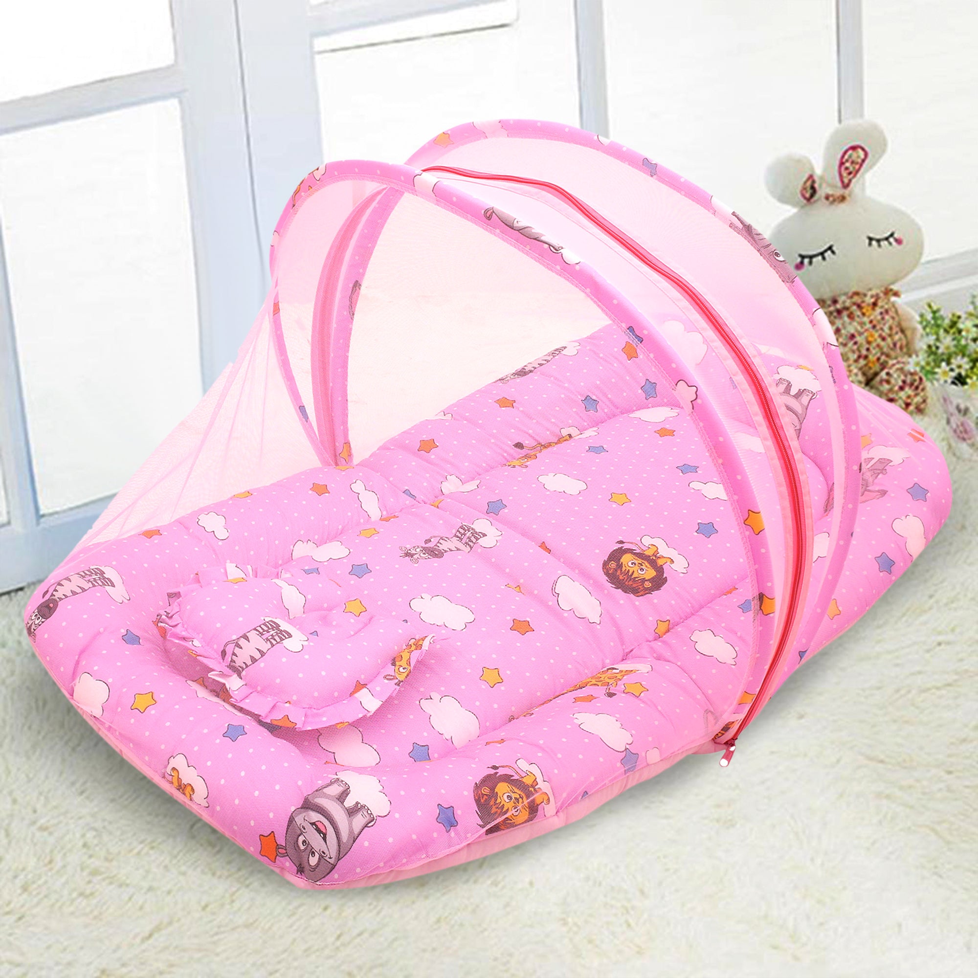Mosquito Net Tent Mattress Set With Neck Pillow Flying Animals Pink - Baby Moo