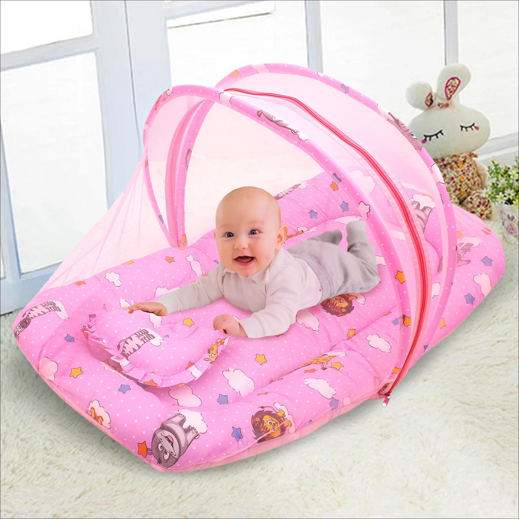 Mosquito Net Tent Mattress Set With Neck Pillow Flying Animals Pink