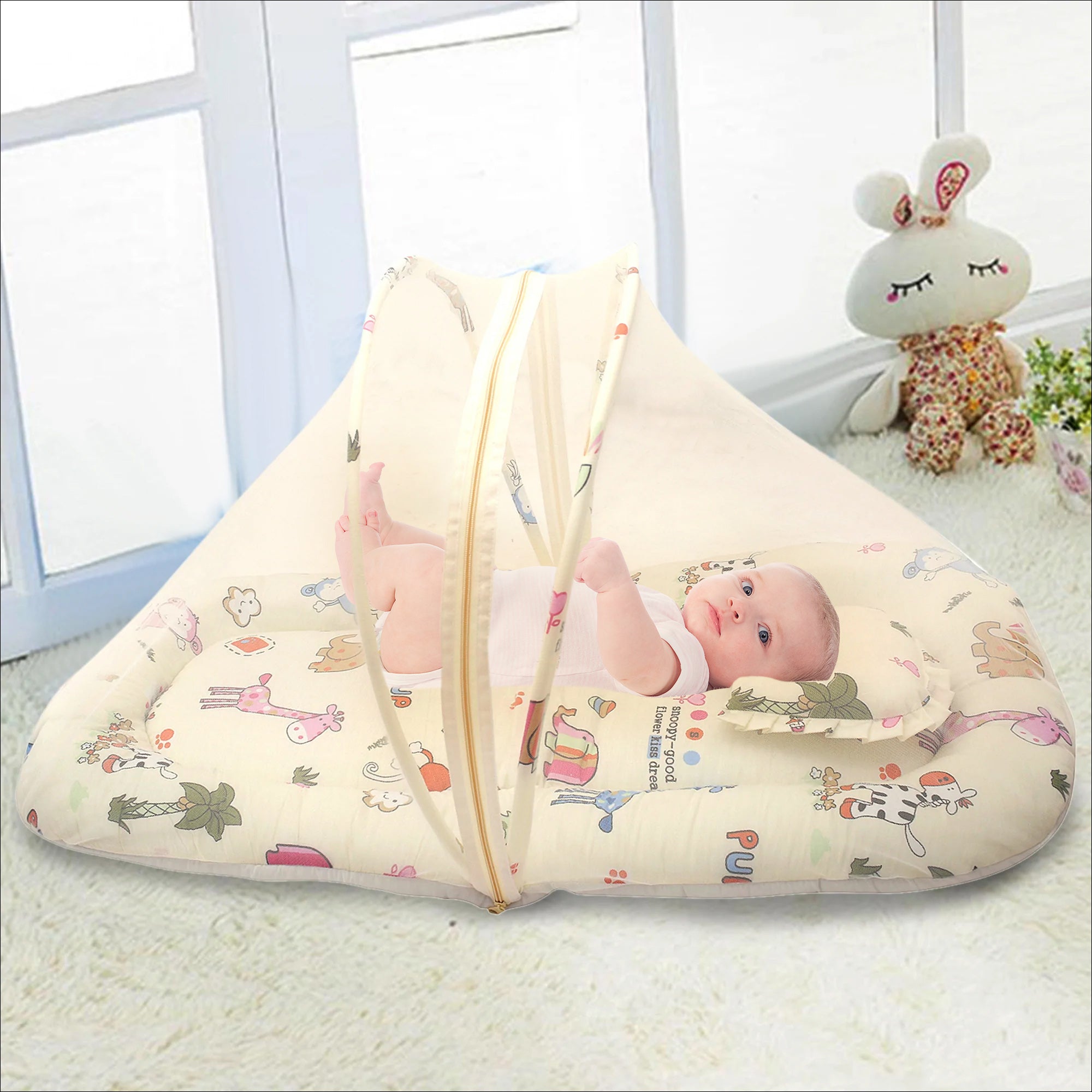 Mosquito Net Tent Mattress Set With Neck Pillow I Love Animals Cream - Baby Moo