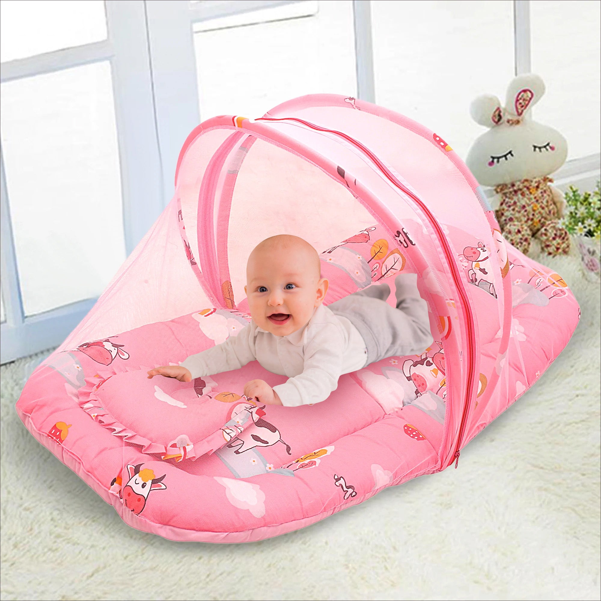 Mosquito Net Tent Mattress Set With Neck Pillow Milkaholic Peach - Baby Moo