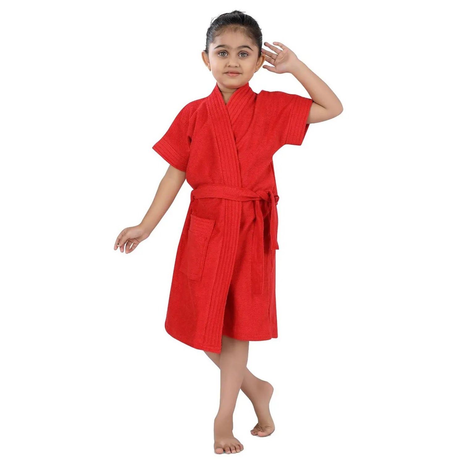 Solid Toddler Half Sleeves Pocket with Waist Belt Bathrobe - Red - Baby Moo