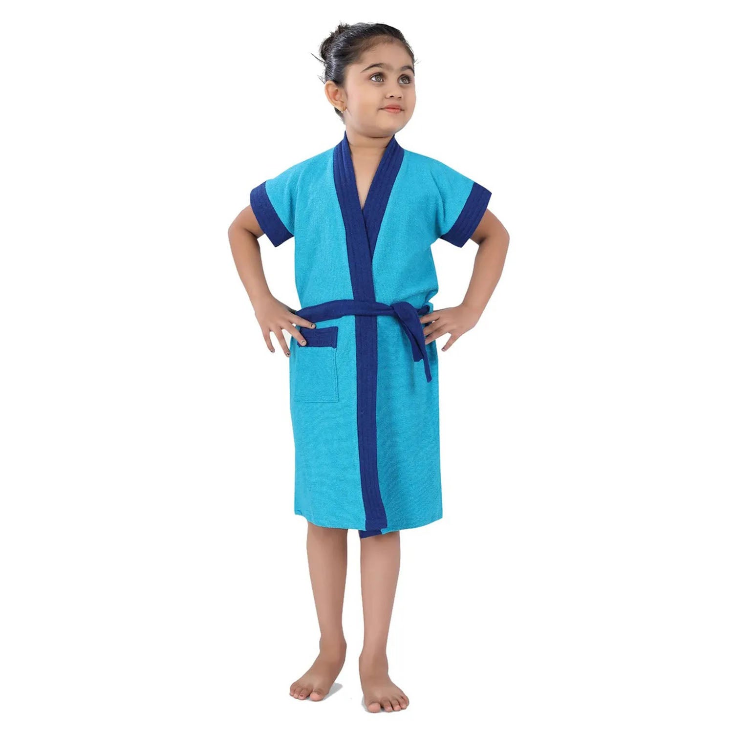 Solid With Piping Toddler Half Sleeves Pocket with Waist Belt Bathrobe - Blue