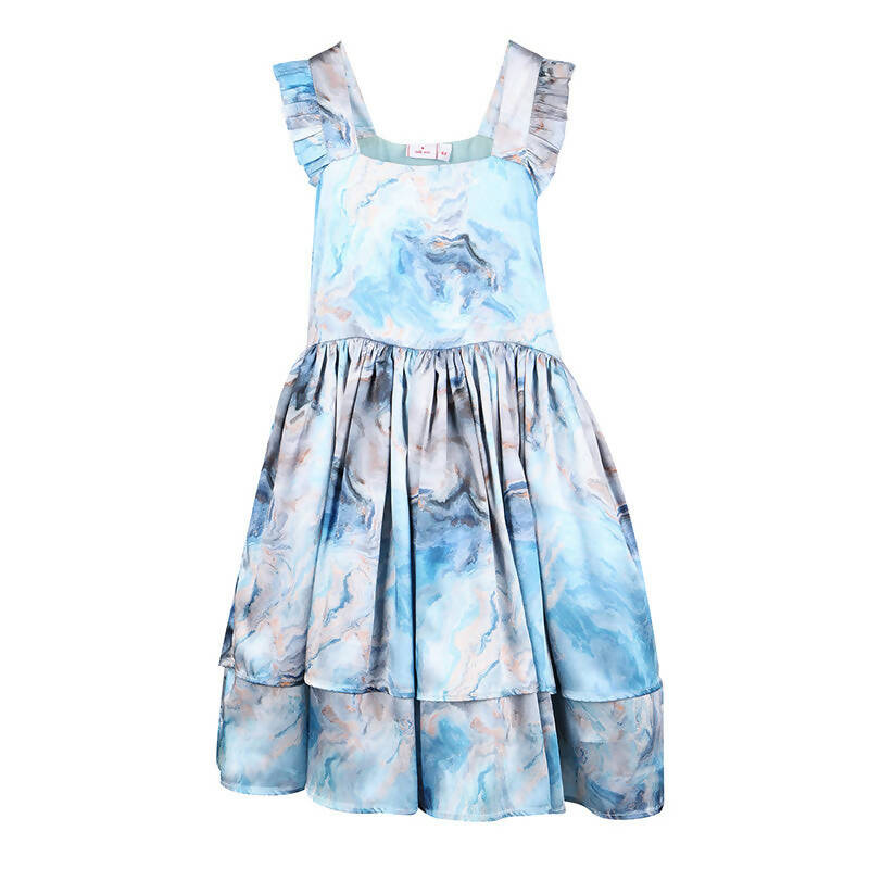 Stella Rossa Marble Print Satin Frill Dress - Blue - Baby Moo