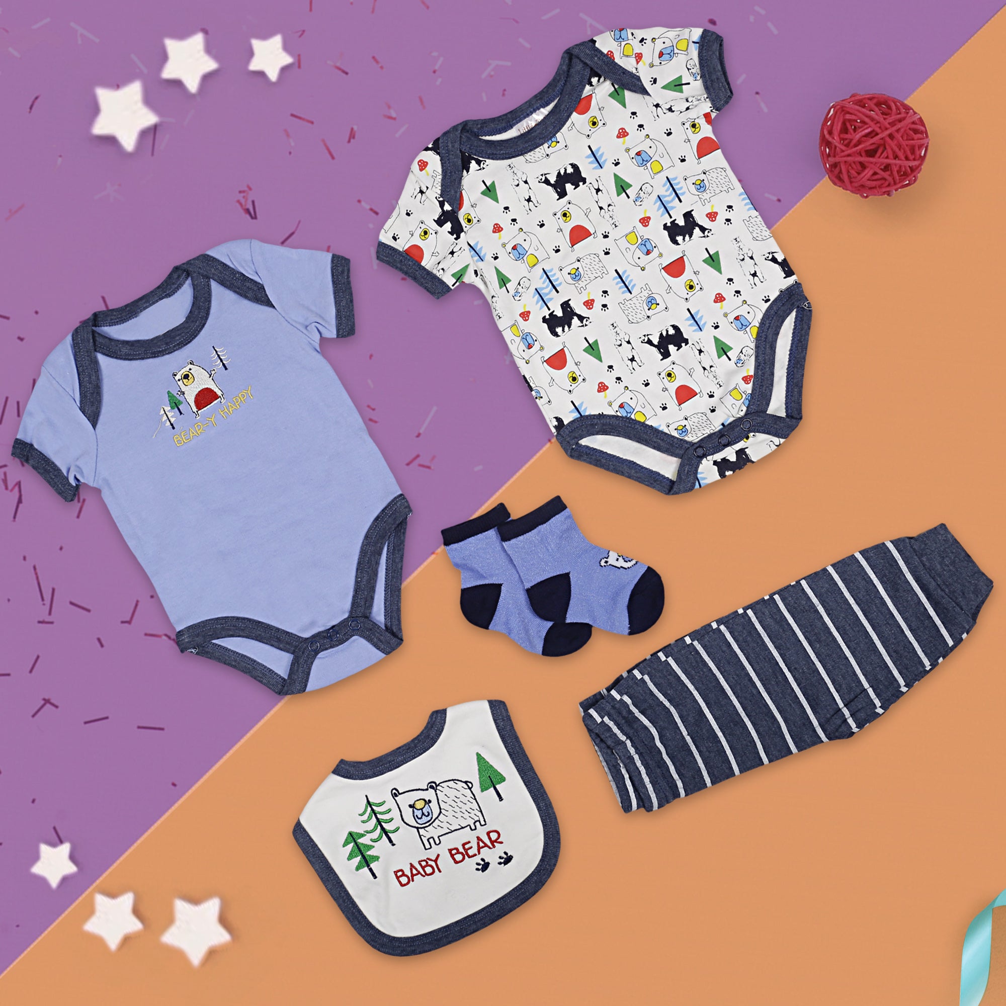 Gift Set Set Of 5 Bib Body Suits Pant And Socks Bear Blue - Baby Moo