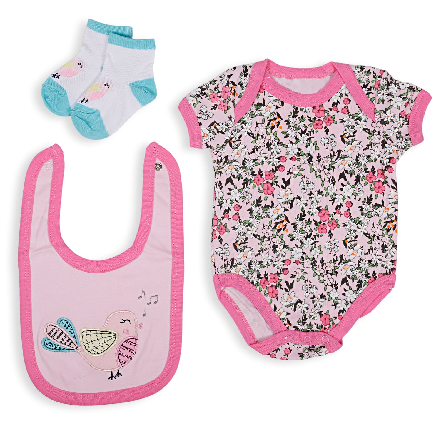 Gift Set Set Of 5 Bib Body Suits Pant And Socks Floral Pink - Baby Moo