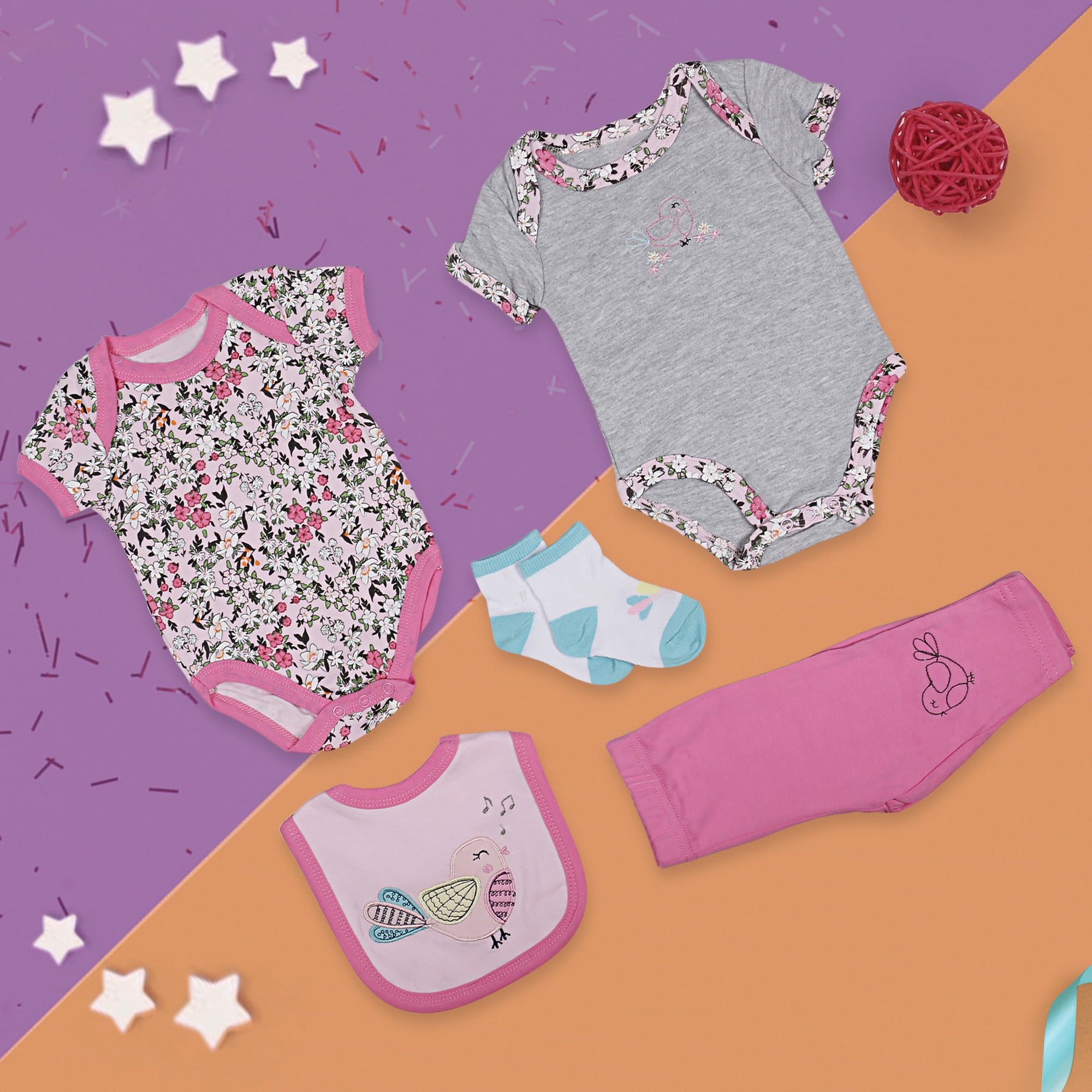 Gift Set Set Of 5 Bib Body Suits Pant And Socks Floral Pink - Baby Moo