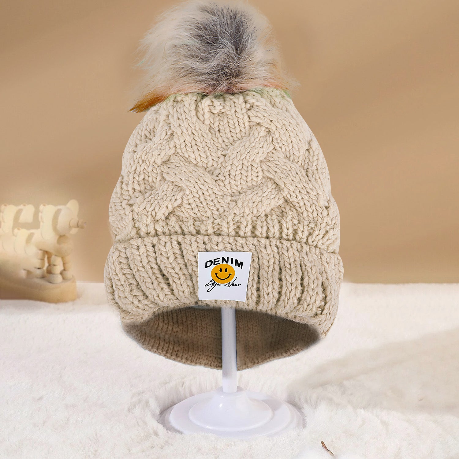 Baby Moo Pom Pom Knitted Woollen Cap - Cream - Baby Moo