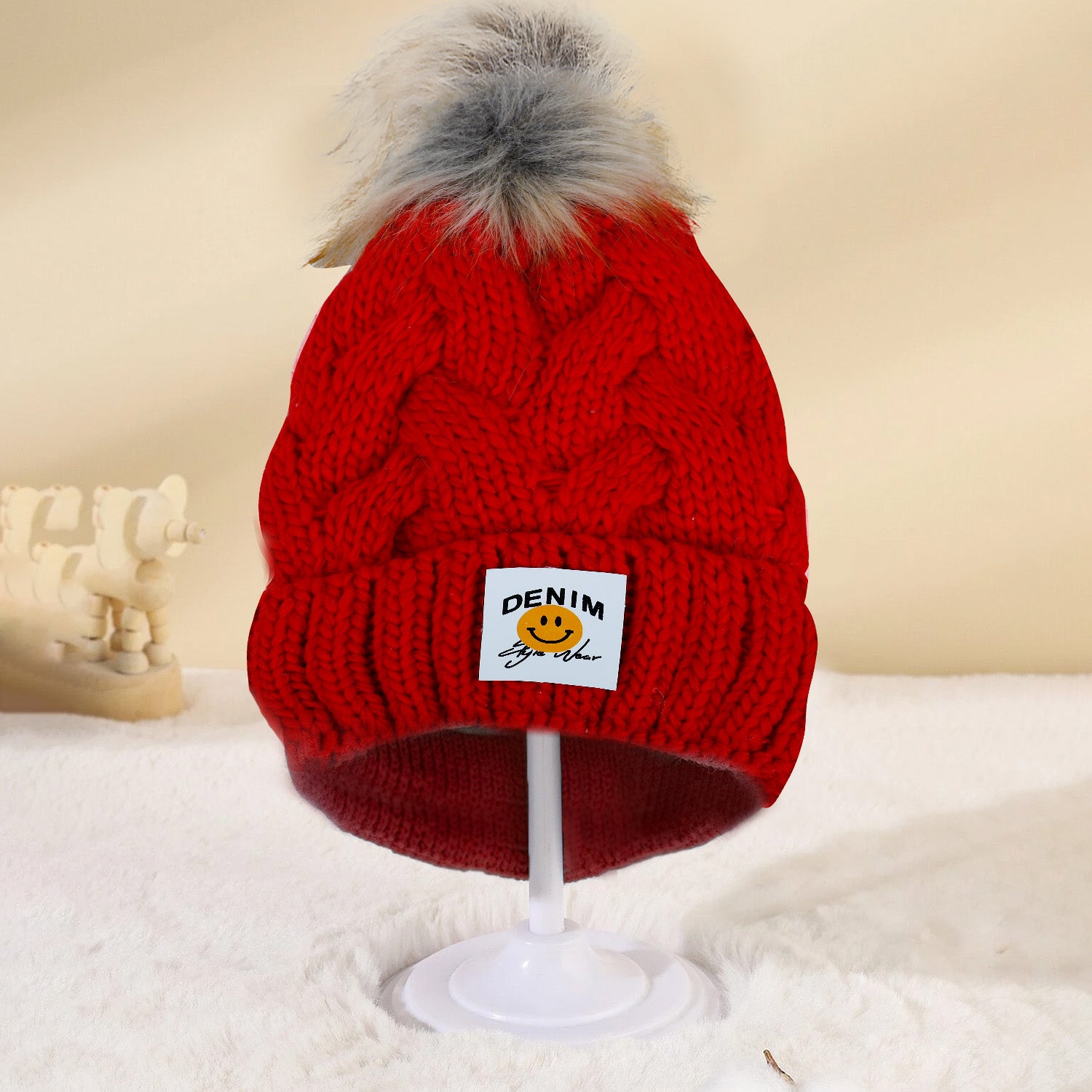 Baby Moo Pom Pom Knitted Woollen Cap - Red - Baby Moo