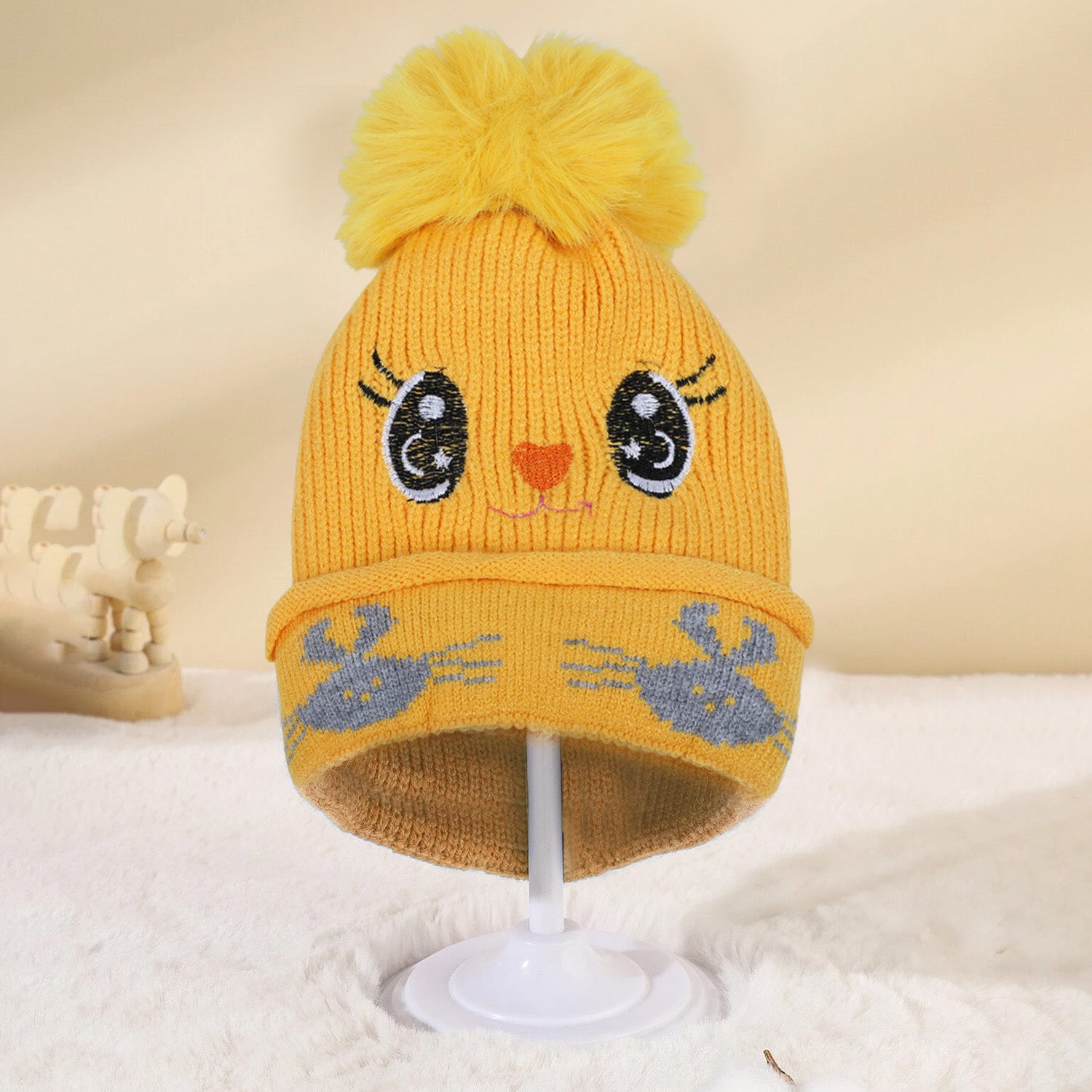 Baby Moo Tweety Eyes Pom Pom Woollen Cap - Yellow - Baby Moo