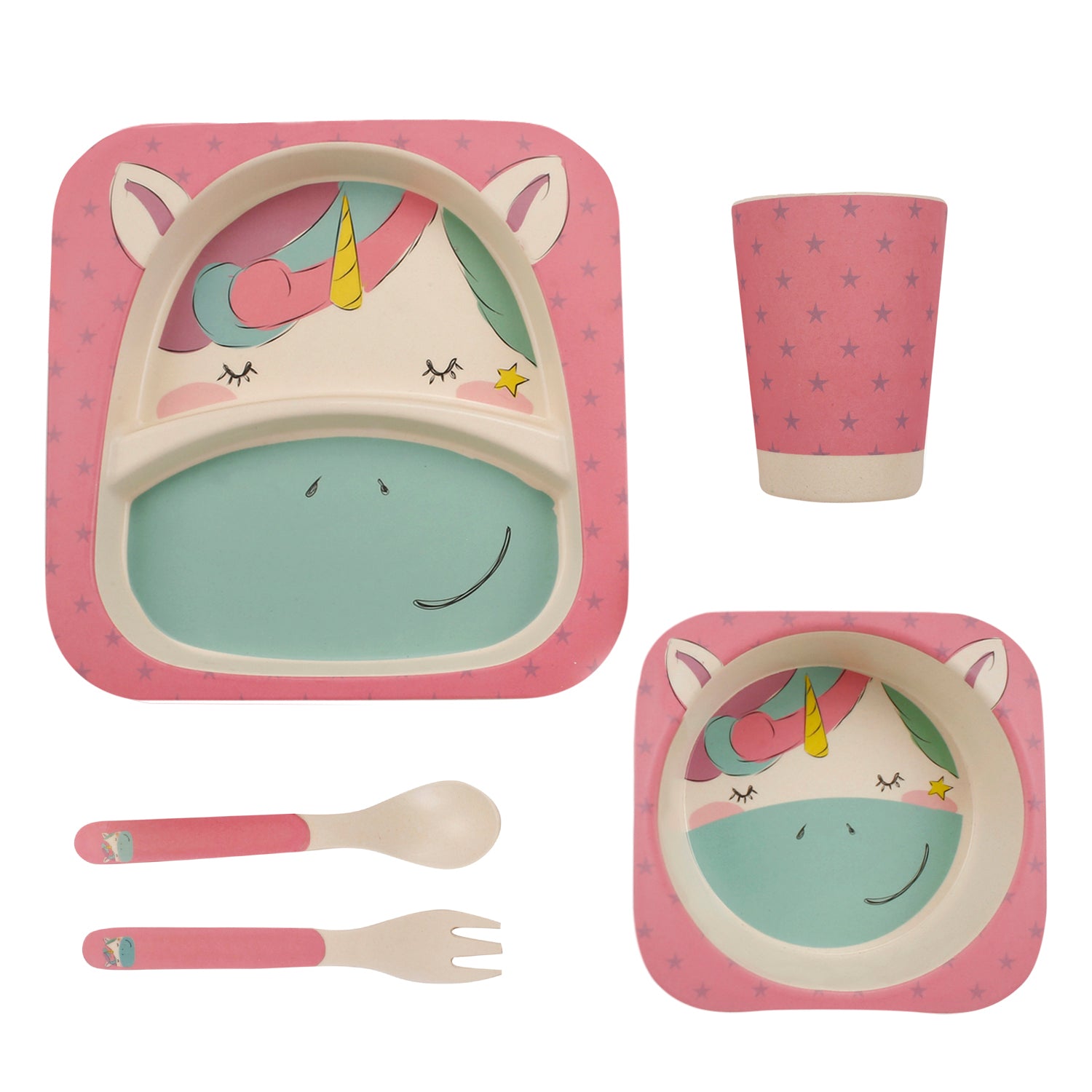 Blushing Unicorn Pink And Green Bamboo Fiber Dinner Set - Baby Moo