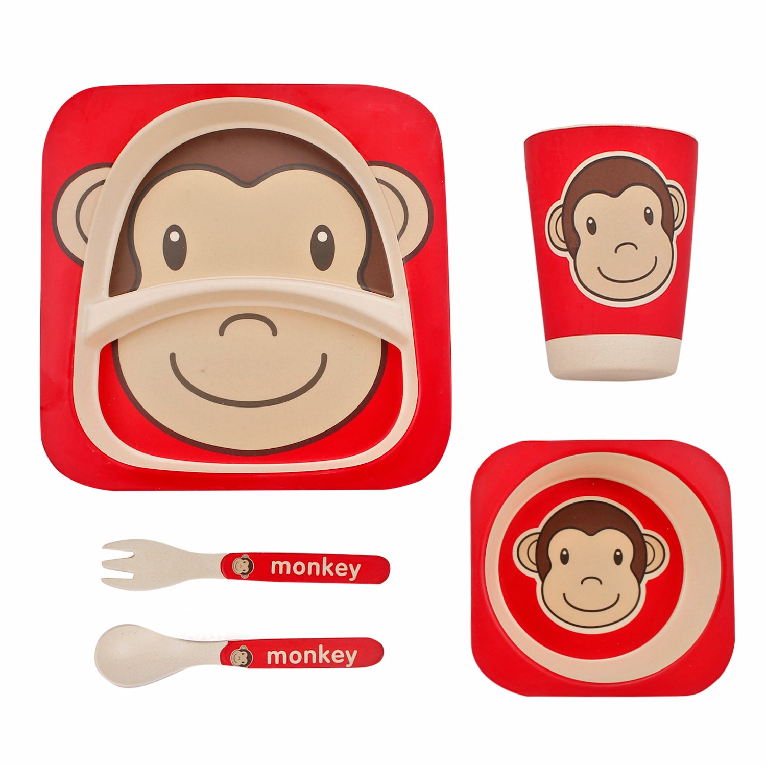 Monkey Red Bamboo Fiber Dinner Set - Baby Moo