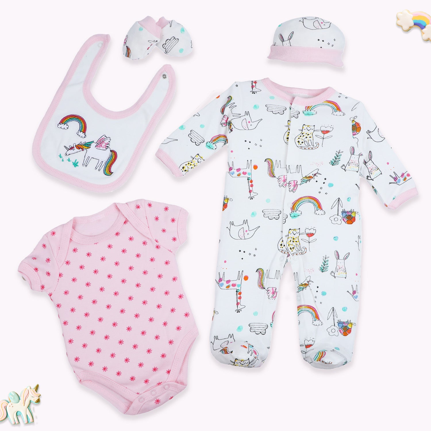 Baby Moo Unicorn Rainbow Infant Essentials 5 pcs Romper Gift Set - Pink - Baby Moo