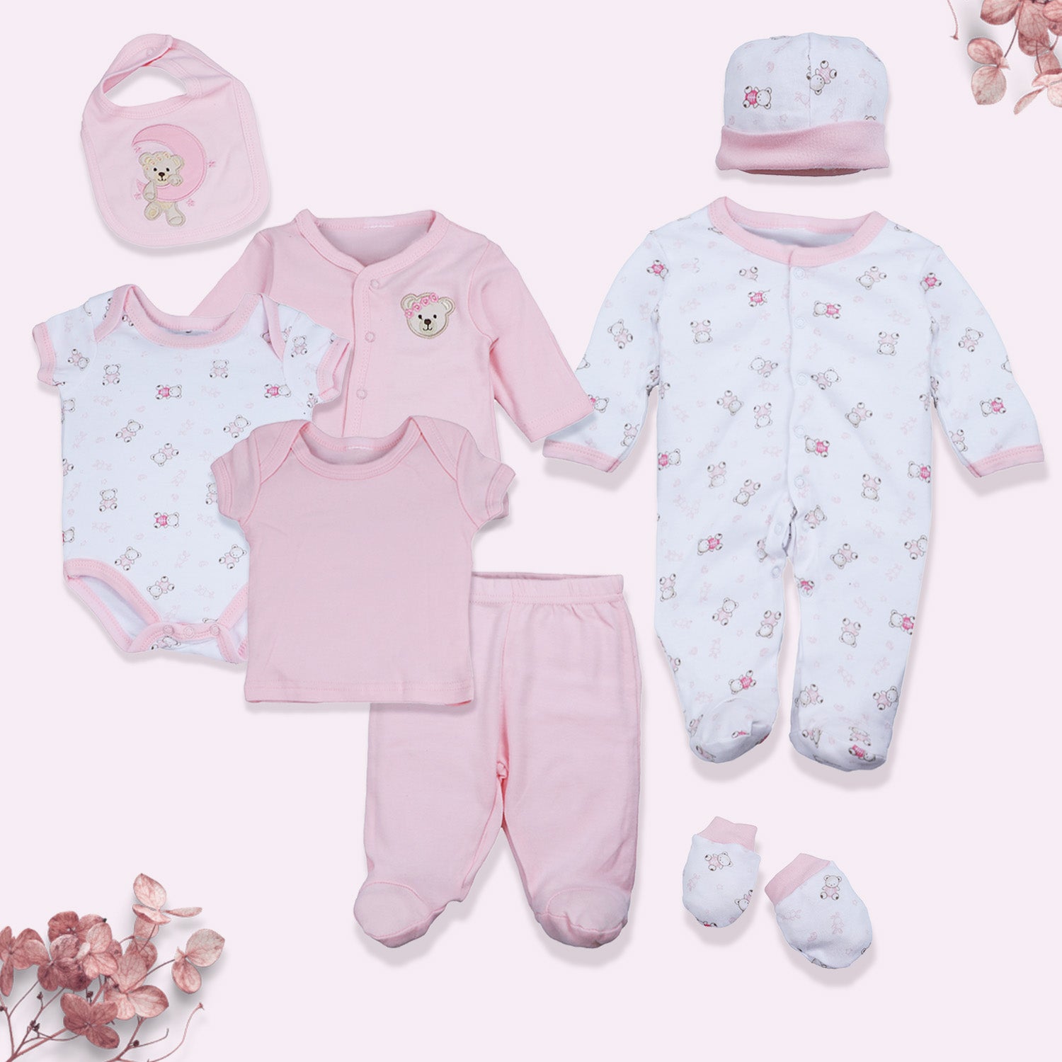 Baby Moo Sleepy Teddy Cotton Infant Essentials 8 pcs Romper Gift Set - Pink - Baby Moo