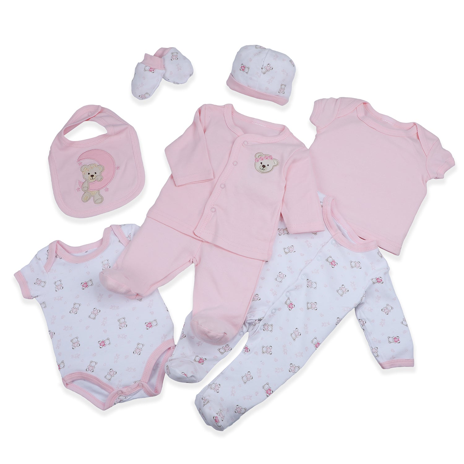 Baby Moo Sleepy Teddy Cotton Infant Essentials 8 pcs Romper Gift Set - Pink - Baby Moo