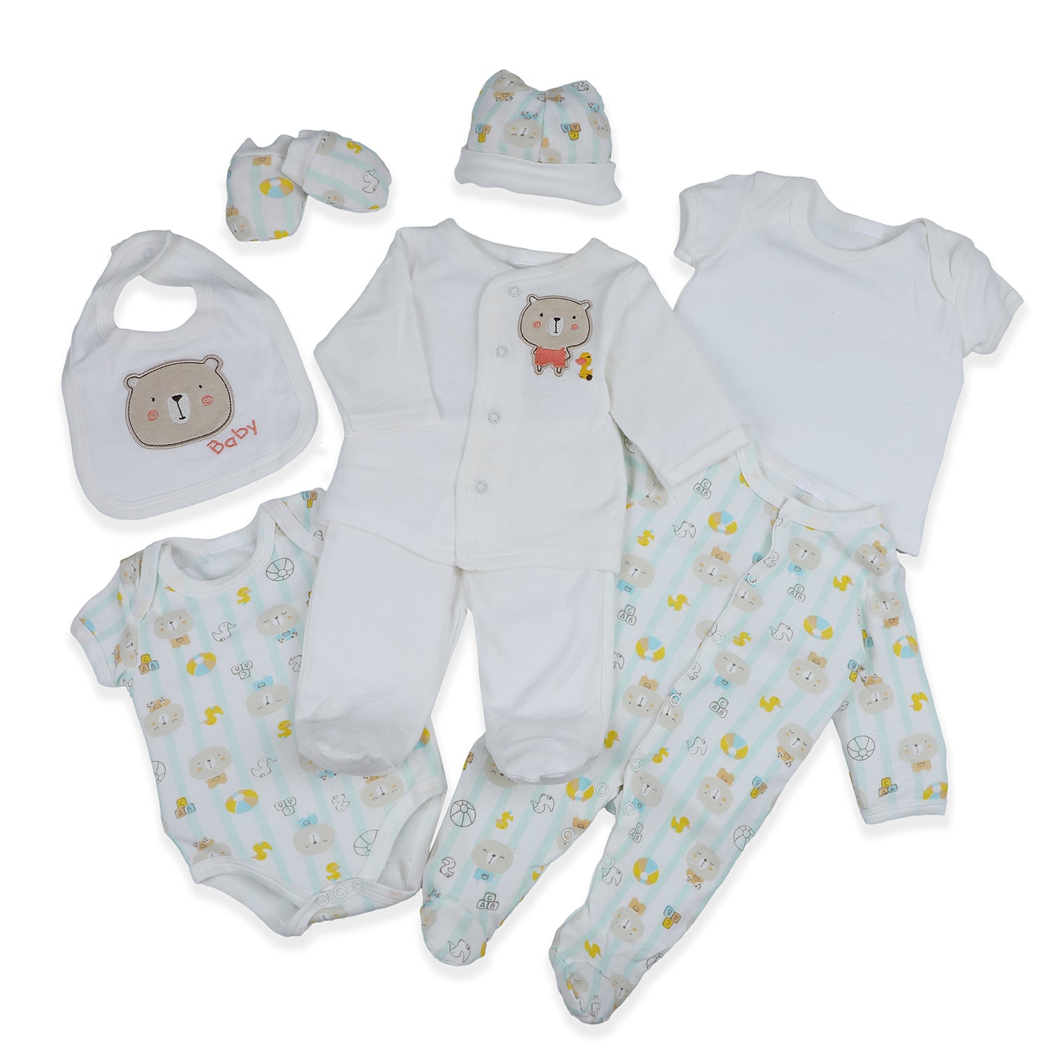 Baby Moo Cute Animal Embroidered Cotton Infant Essentials 8 pcs Romper Gift Set - White - Baby Moo