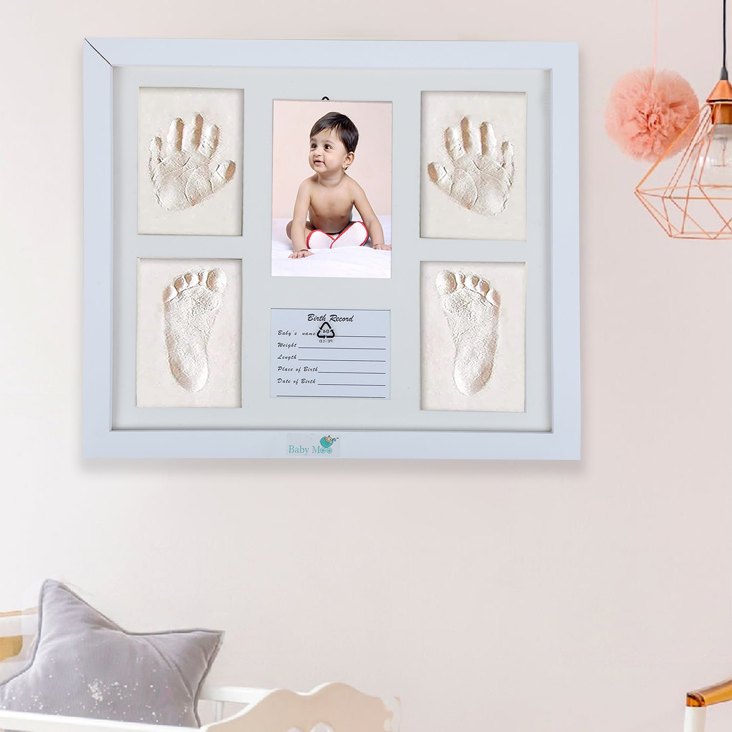 Baby Moo Clay Handprint And Footprint Impression Wooden Photo Frame For Infant Memories - White