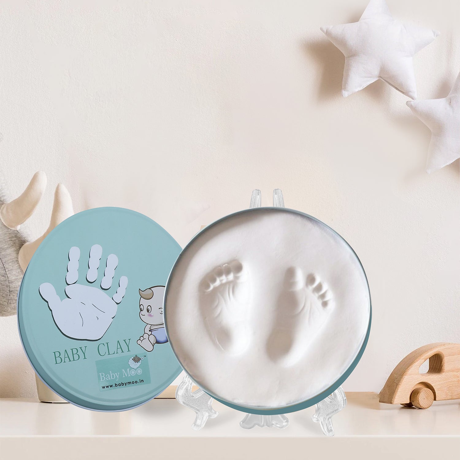 Baby Moo Handprint And Footprint Impression Keepsake DIY Kit With Plate And Stand - White - Baby Moo
