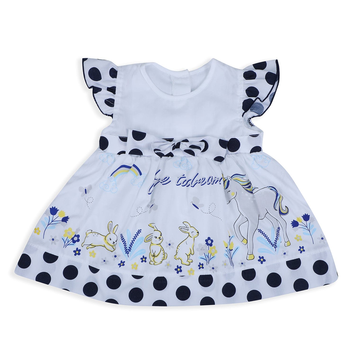 Baby Moo Polka Dots Flutter Sleeves Knee Length Frock - Black - Baby Moo