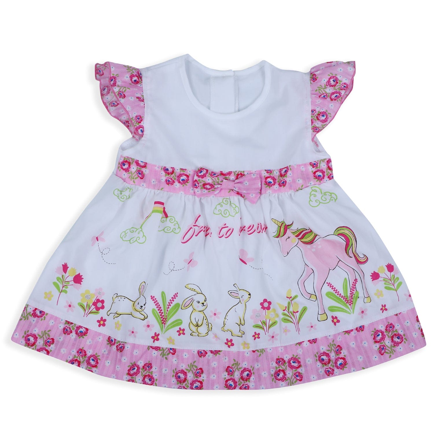 Baby Moo Floral Unicorn Flutter Sleeves Knee Length Frock - Pink - Baby Moo