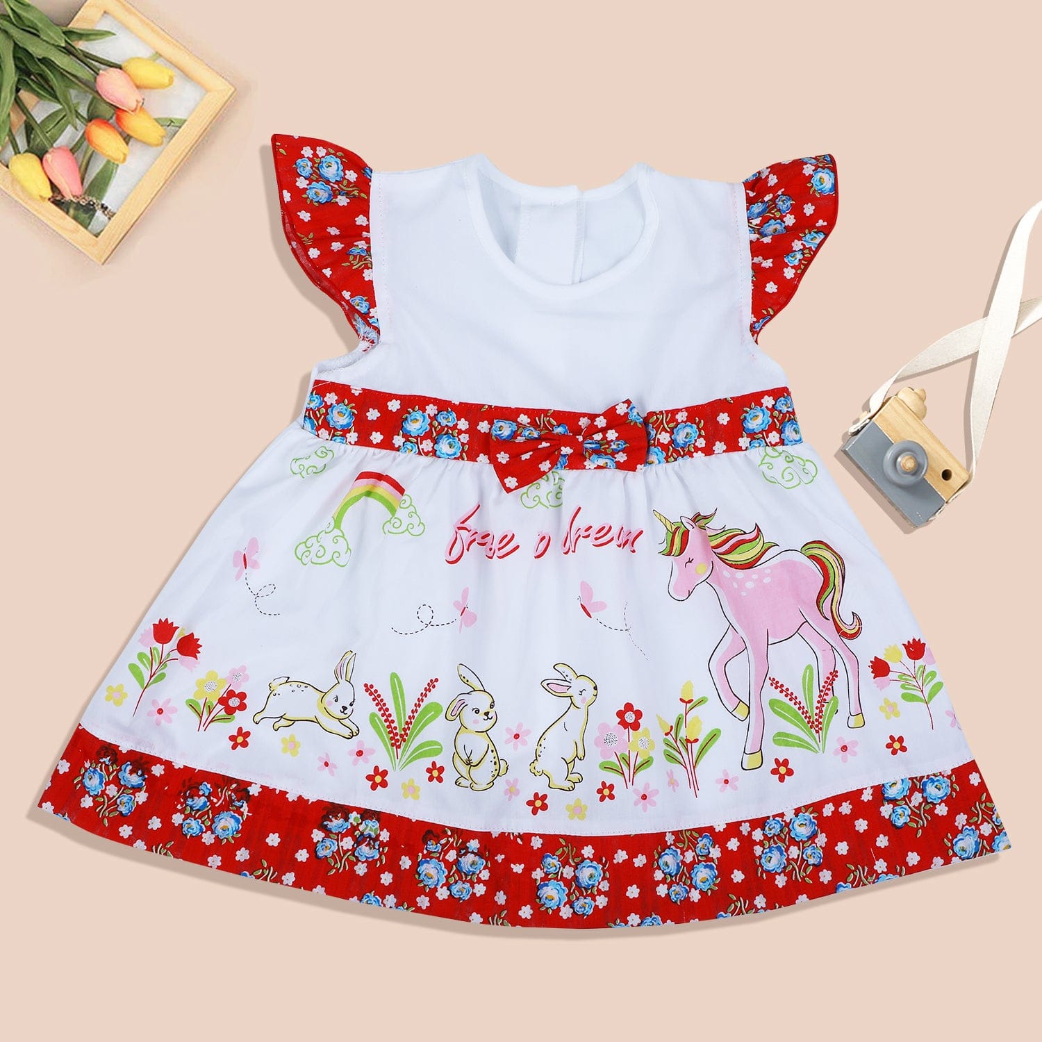 Baby Moo Floral Unicorn Flutter Sleeves Knee Length Frock - Red