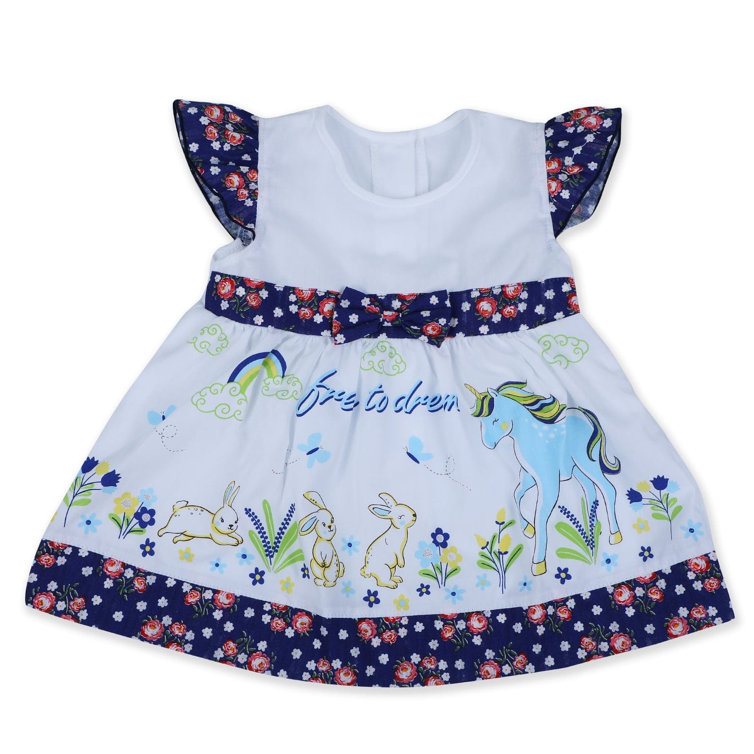 Baby Moo Floral Unicorn Flutter Sleeves Knee Length Frock - Blue - Baby Moo