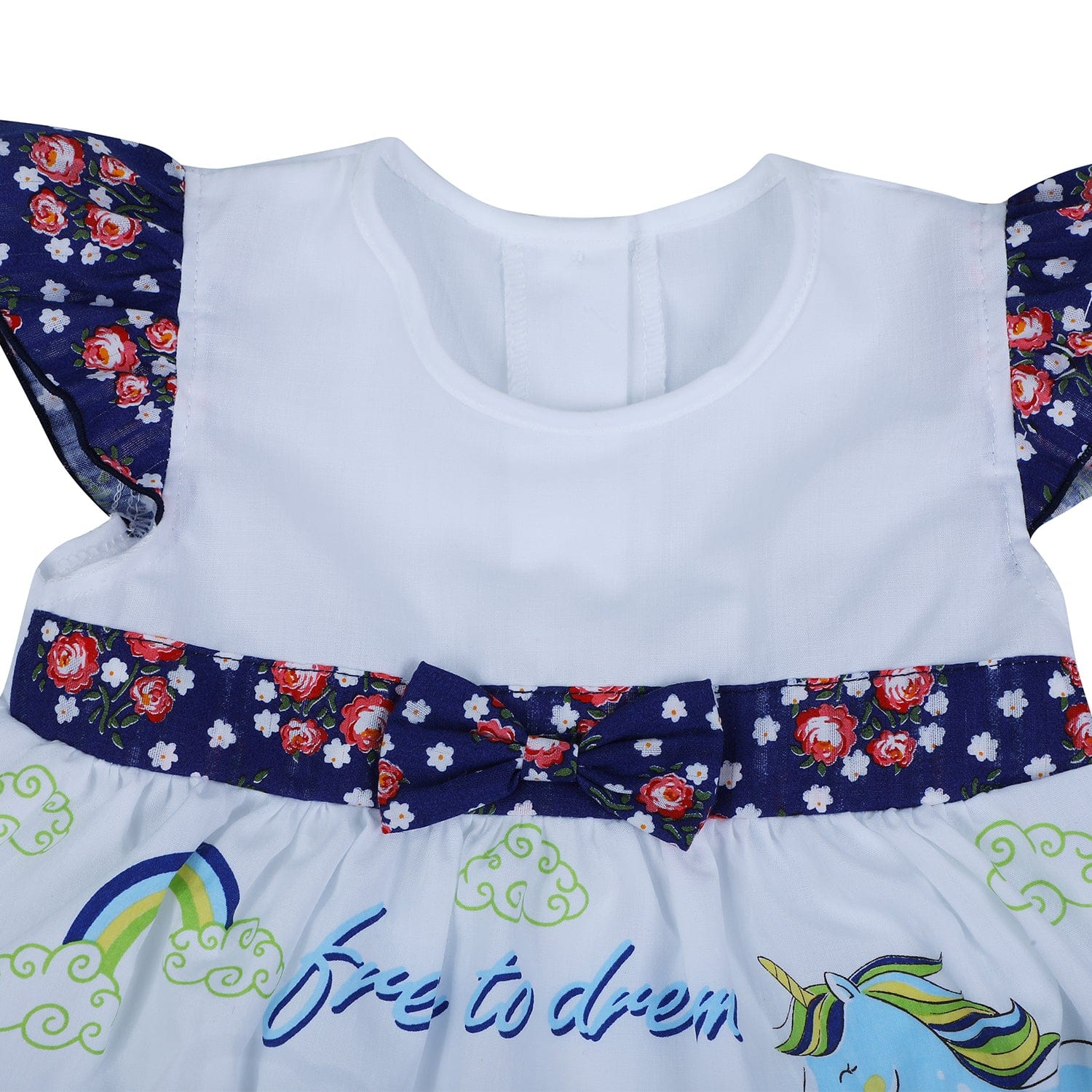 Baby Moo Floral Unicorn Flutter Sleeves Knee Length Frock - Blue - Baby Moo