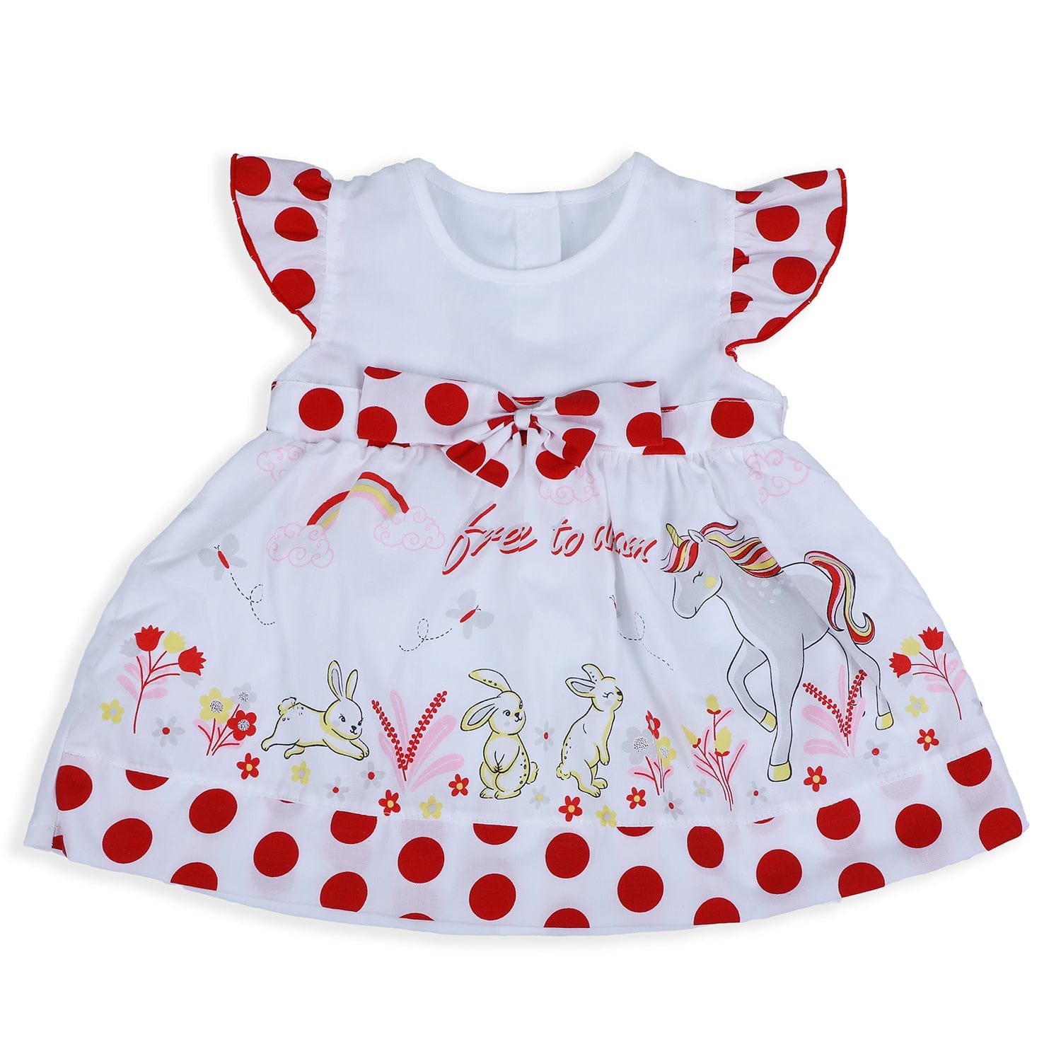 Baby Moo Polka Dots Flutter Sleeves Knee Length Frock - Red - Baby Moo