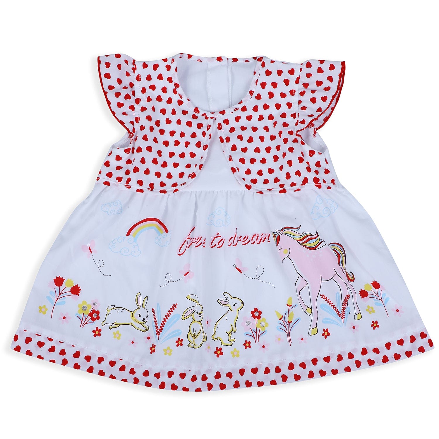 Baby Moo Unicorn Flutter Sleeves Knee Length Frock - Red - Baby Moo