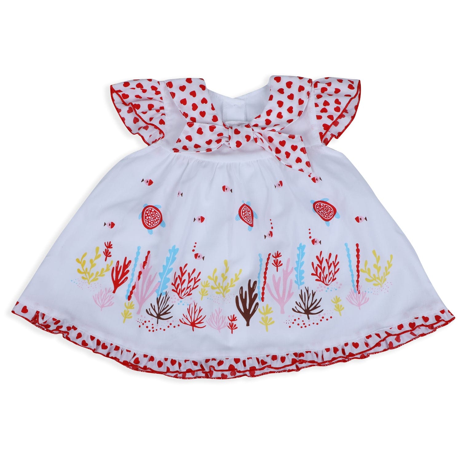 Baby Moo Aqua Theme Flutter Sleeves Knee Length Frock - Red - Baby Moo