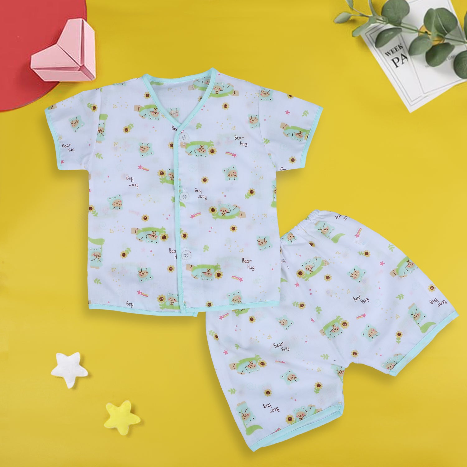 Baby Moo Bear Hug Half Sleeves Soft Cotton Jhabla And Shorts 2pcs Set - Green - Baby Moo