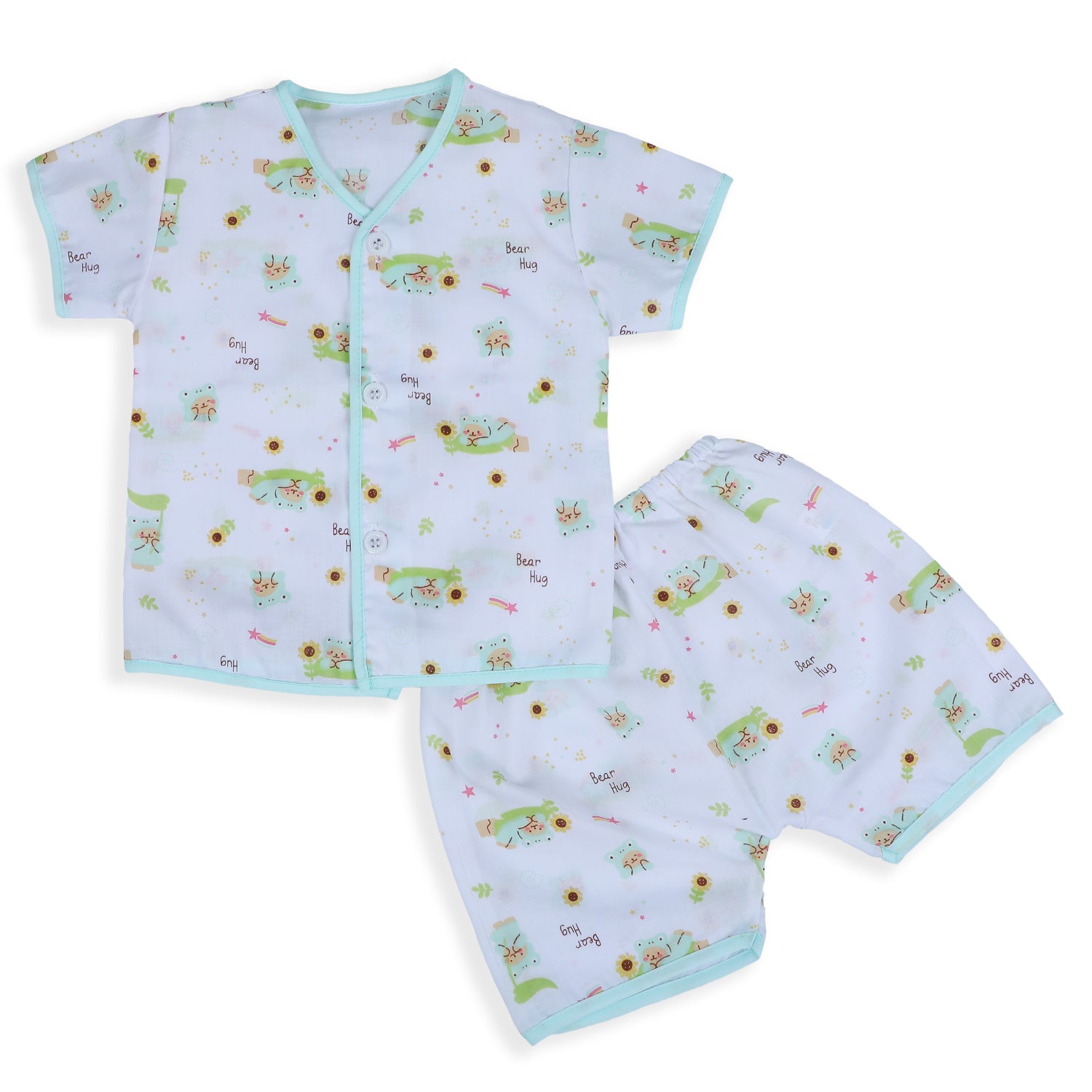 Baby Moo Bear Hug Half Sleeves Soft Cotton Jhabla And Shorts 2pcs Set - Green