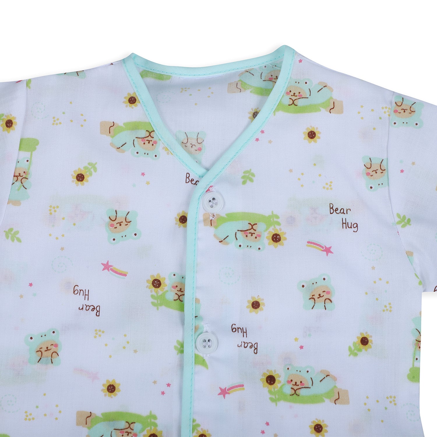 Baby Moo Bear Hug Half Sleeves Soft Cotton Jhabla And Shorts 2pcs Set - Green - Baby Moo