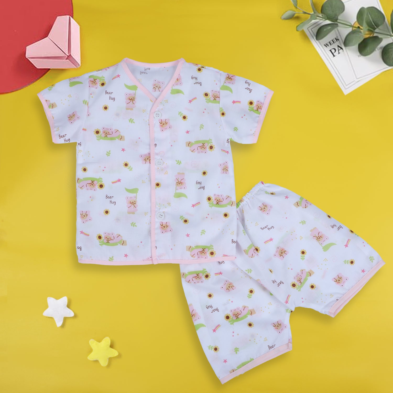Baby Moo Bear Hug Half Sleeves Soft Cotton Jhabla And Shorts 2pcs Set - Pink