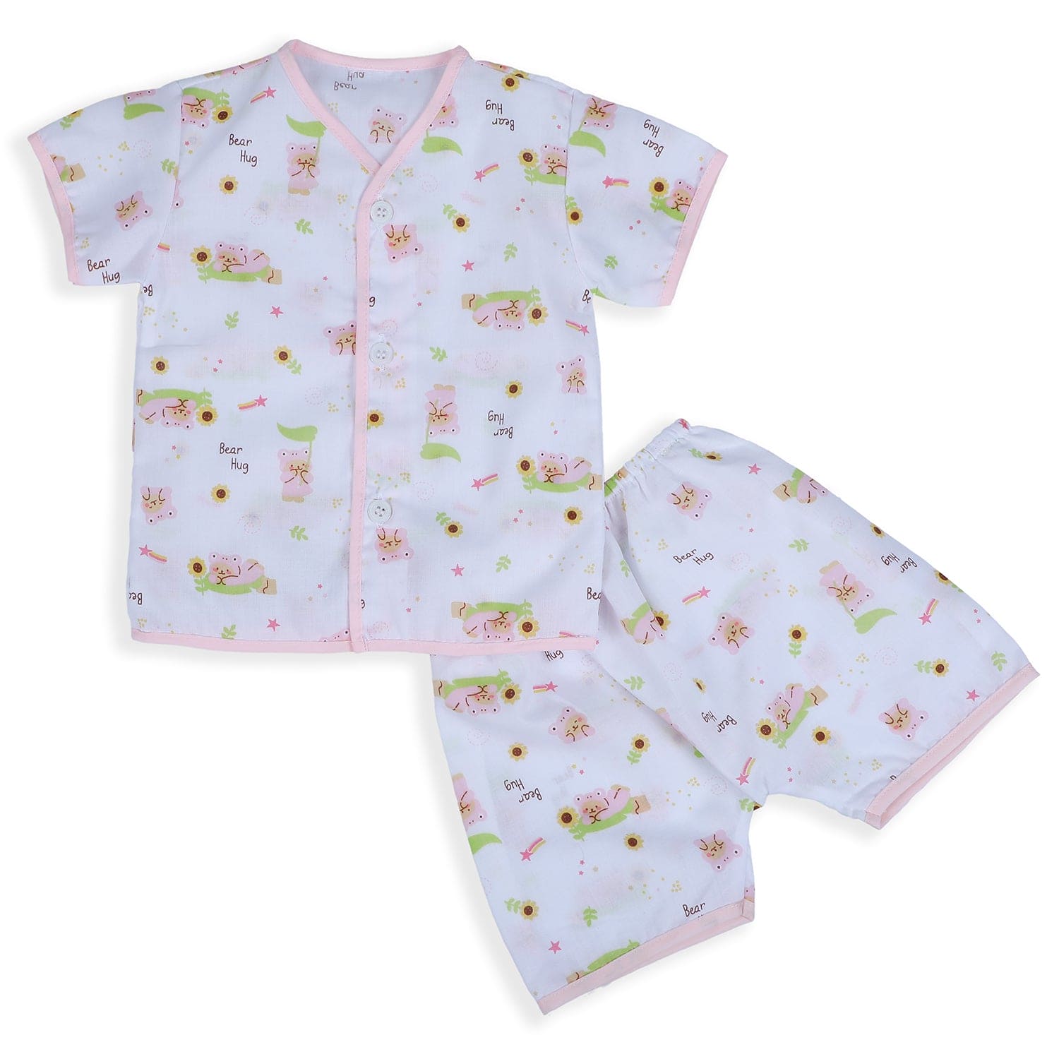 Baby Moo Bear Hug Half Sleeves Soft Cotton Jhabla And Shorts 2pcs Set - Pink - Baby Moo